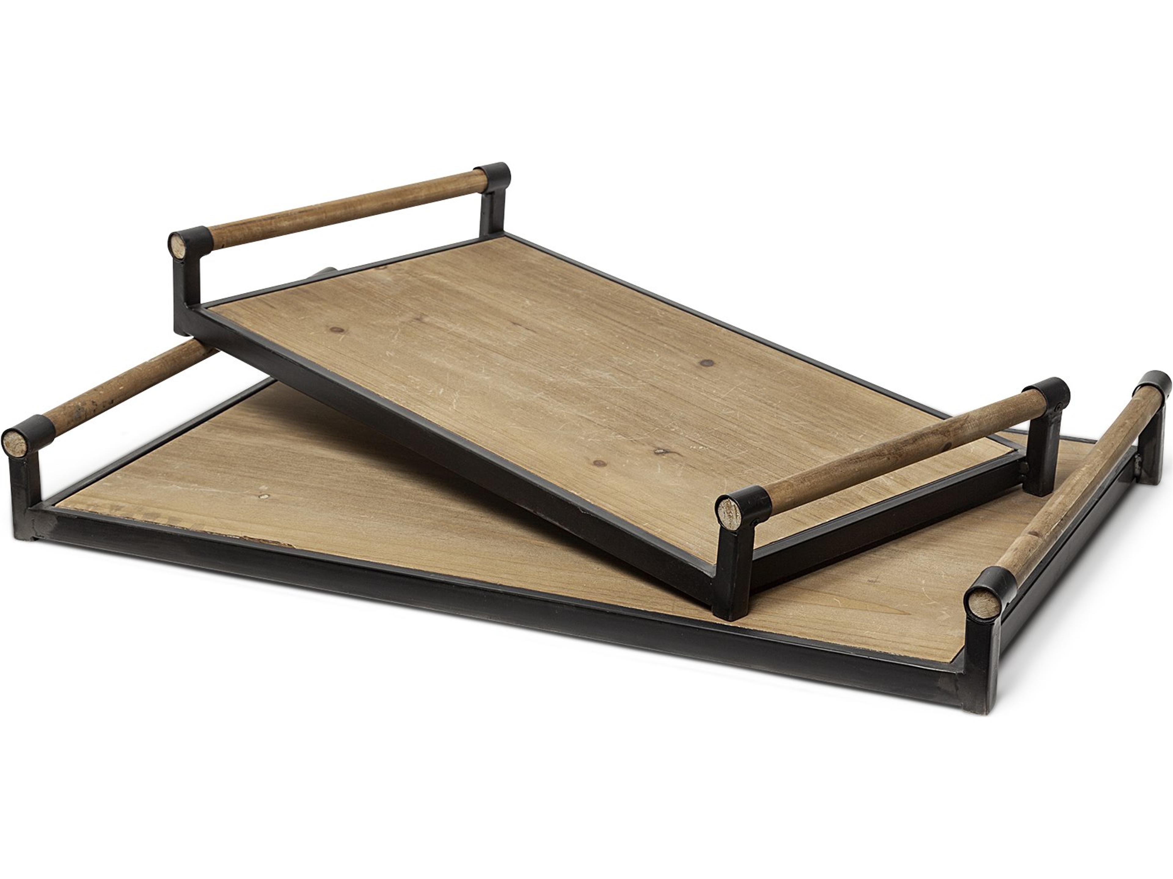 Mercana Benson Set of 2 Brown Wood Black Metal Trays