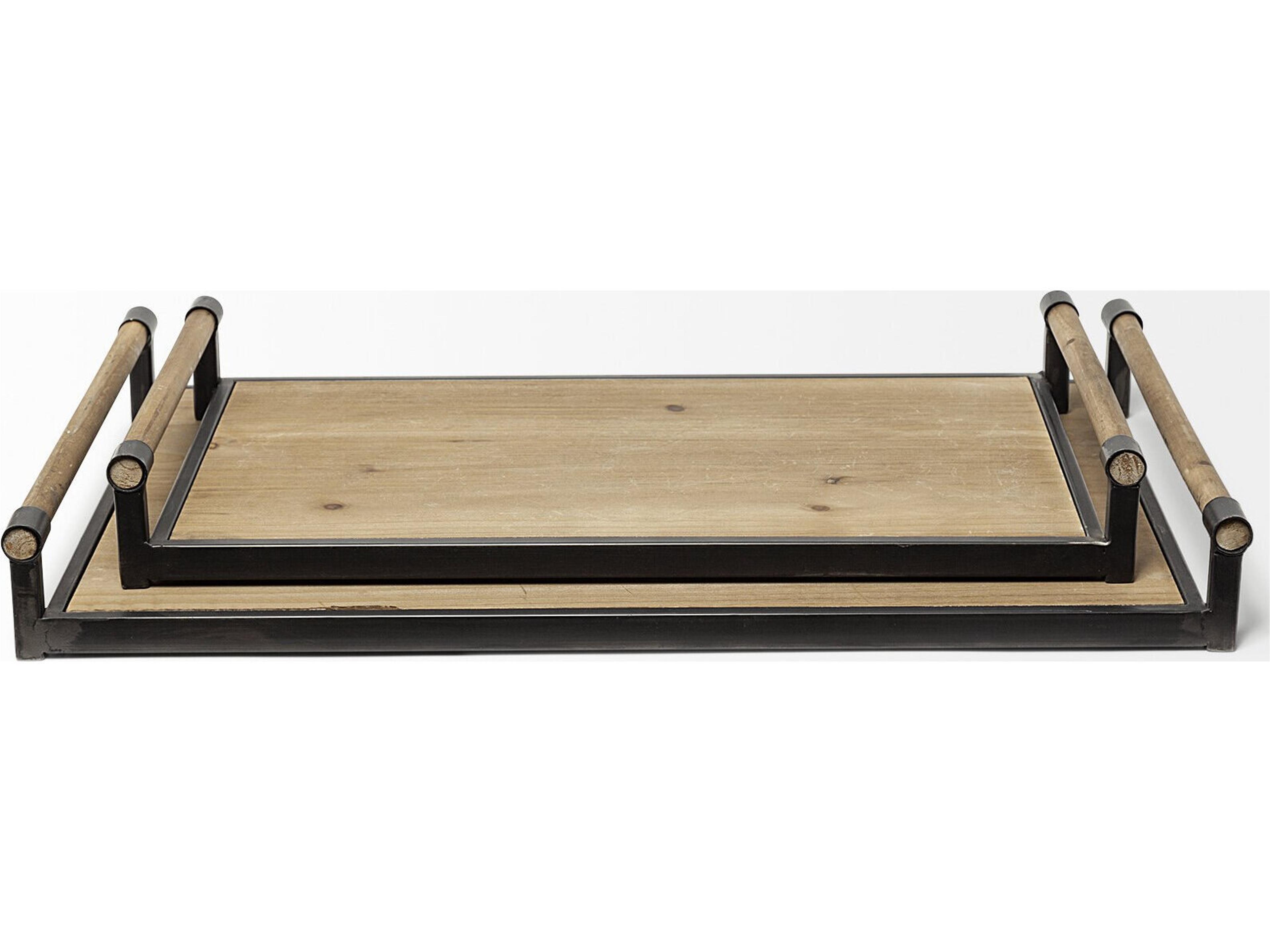 Mercana Benson Set of 2 Brown Wood Black Metal Trays