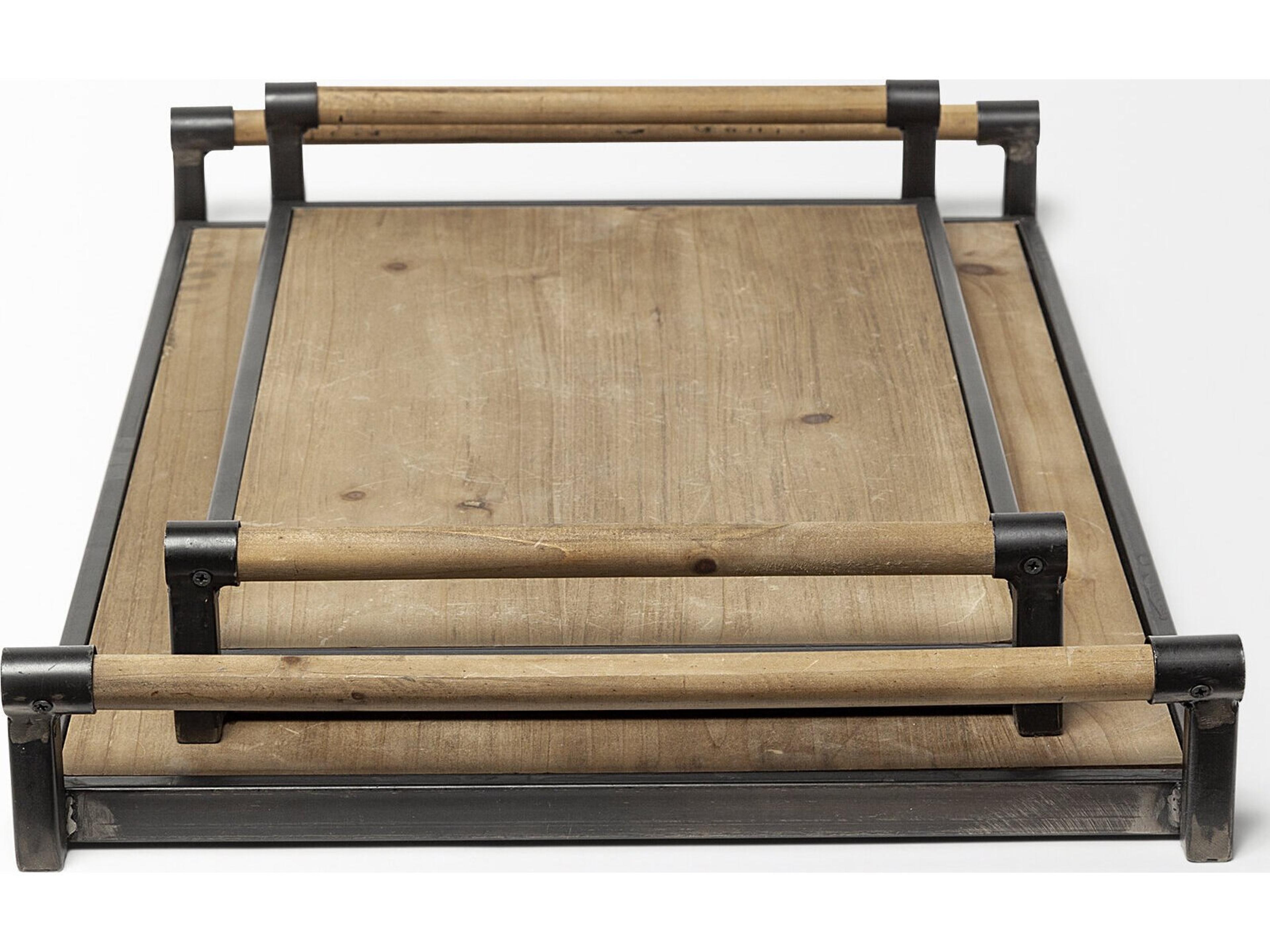 Mercana Benson Set of 2 Brown Wood Black Metal Trays