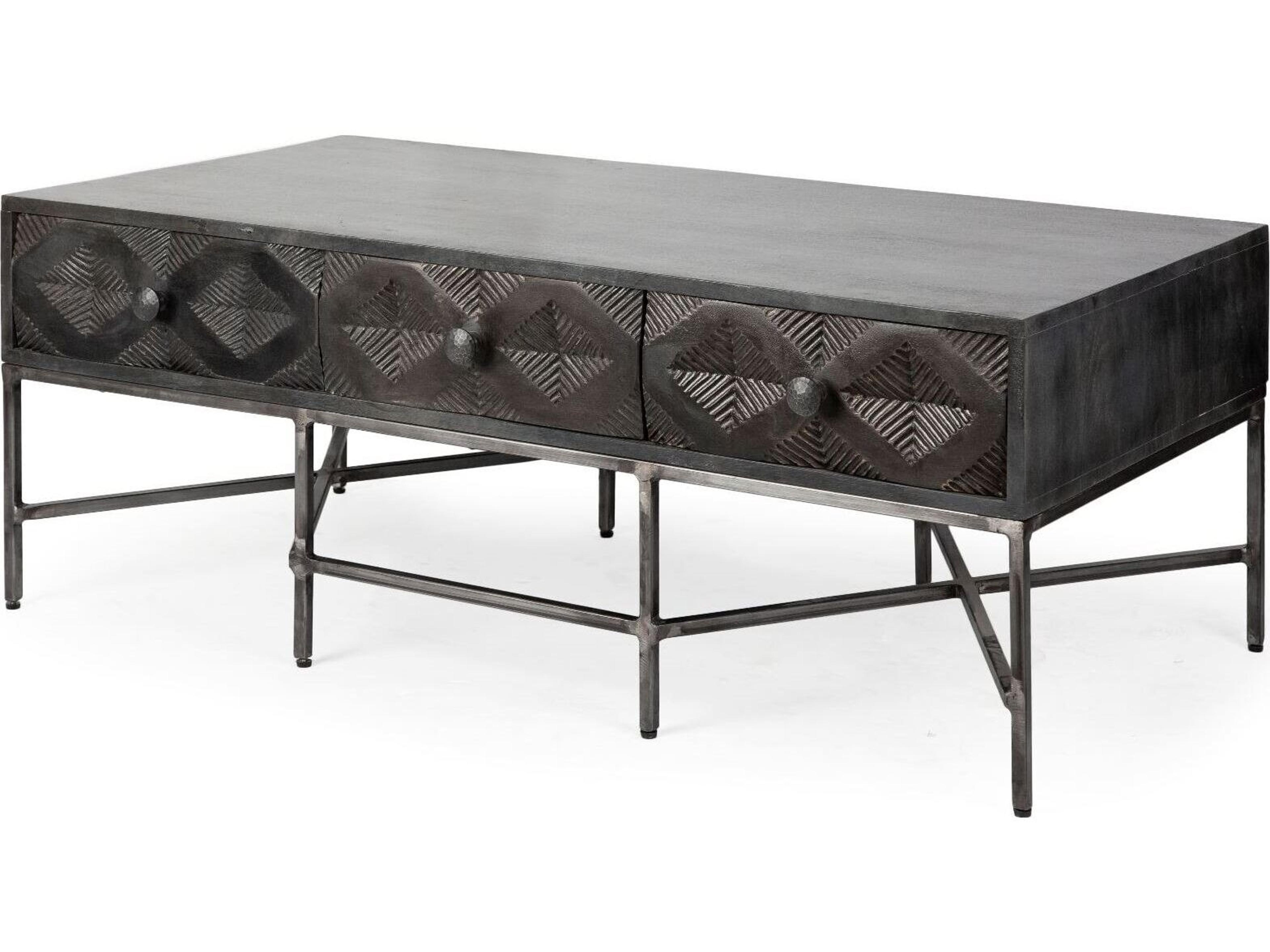 Hogarth 48x24 Rectangular Brown Solid Wood Top Iron Metal Base w/6 Drawers Coffee Table