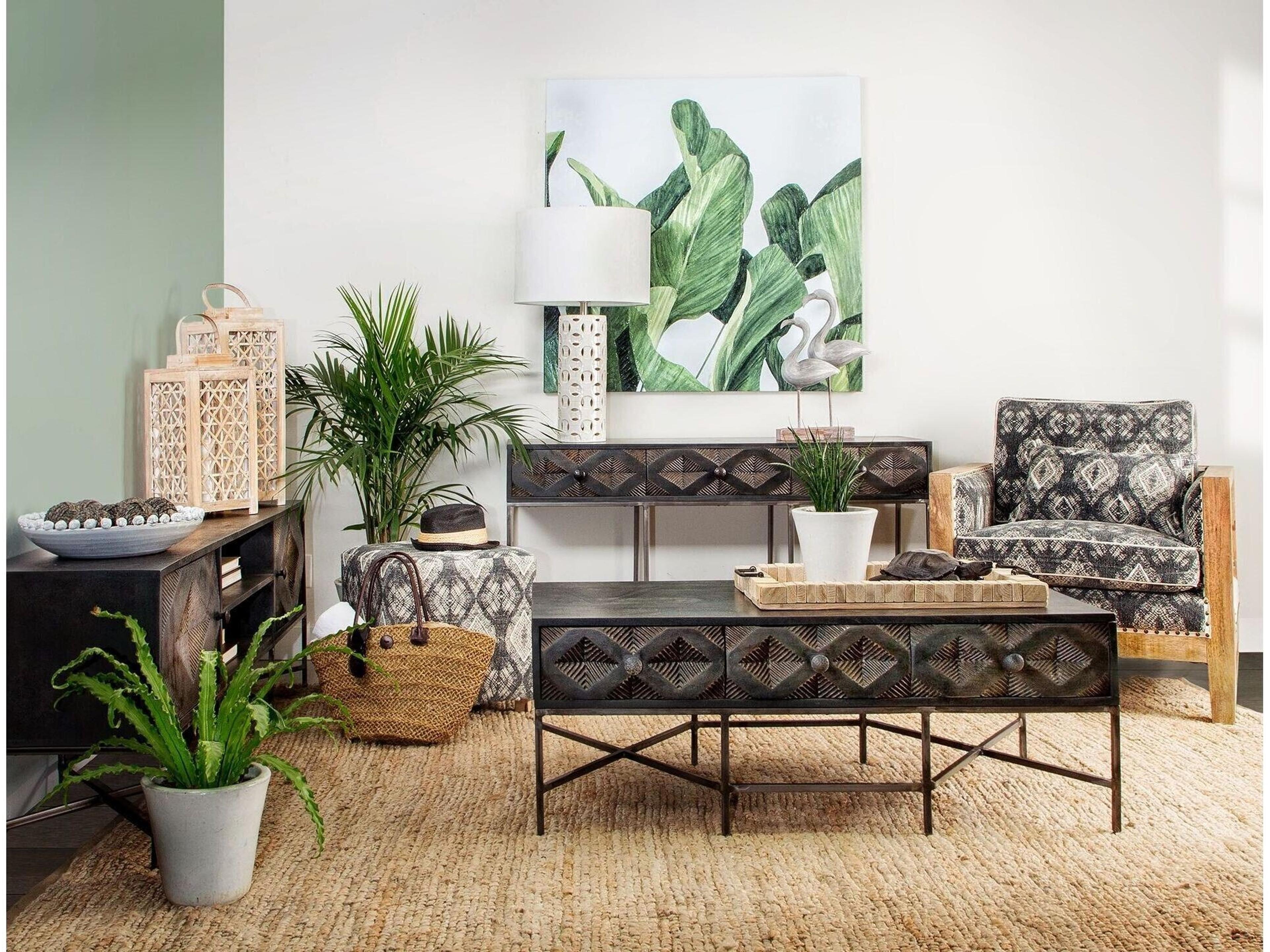 Mercana Hogarth 48x24 Rectangular Brown Solid Wood Top Iron Metal Base w/6 Drawers Coffee Table