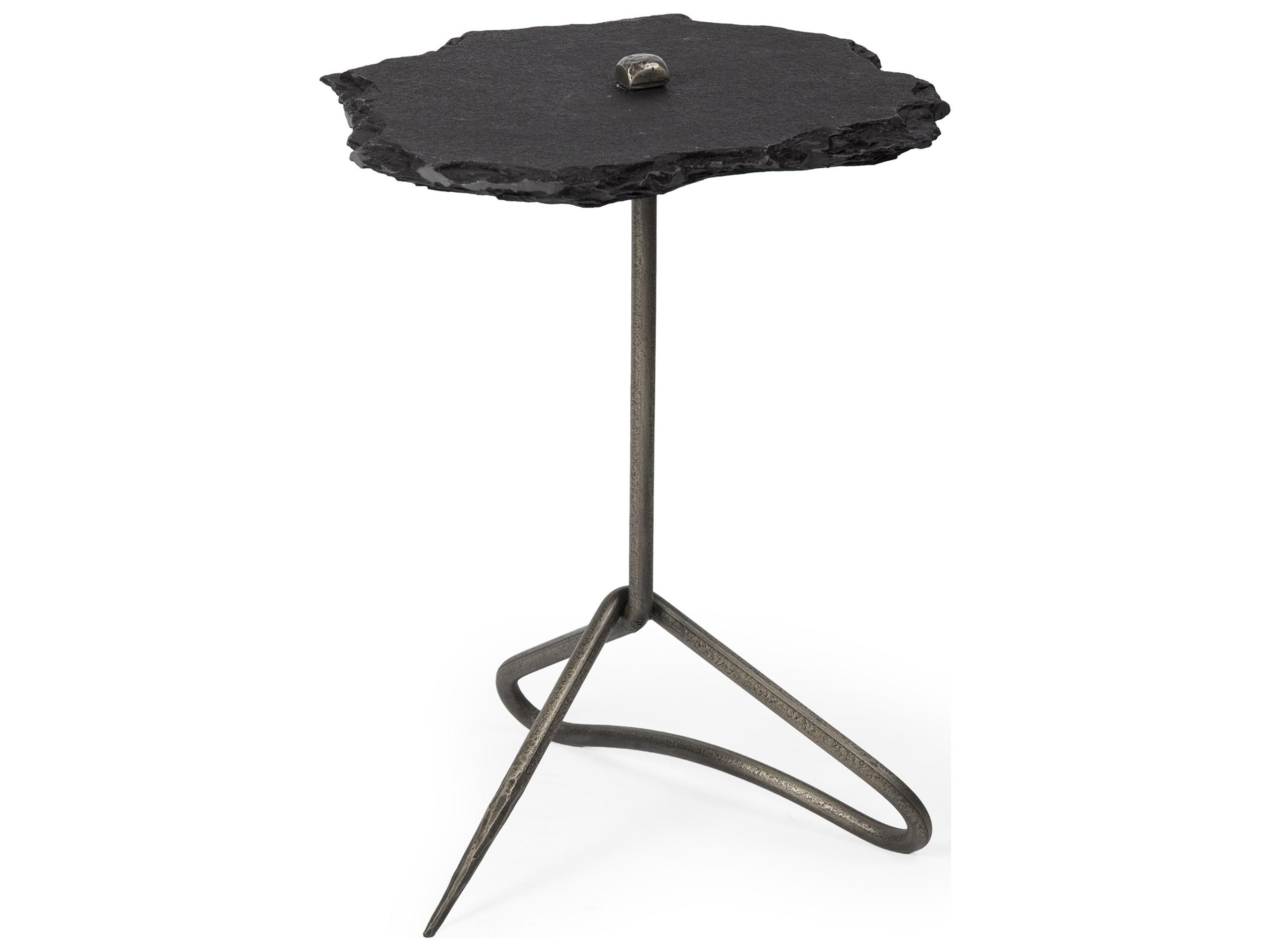 Pinera II 19L x 19W Black Slate Top W/ Triangular Iron Base Accent Table