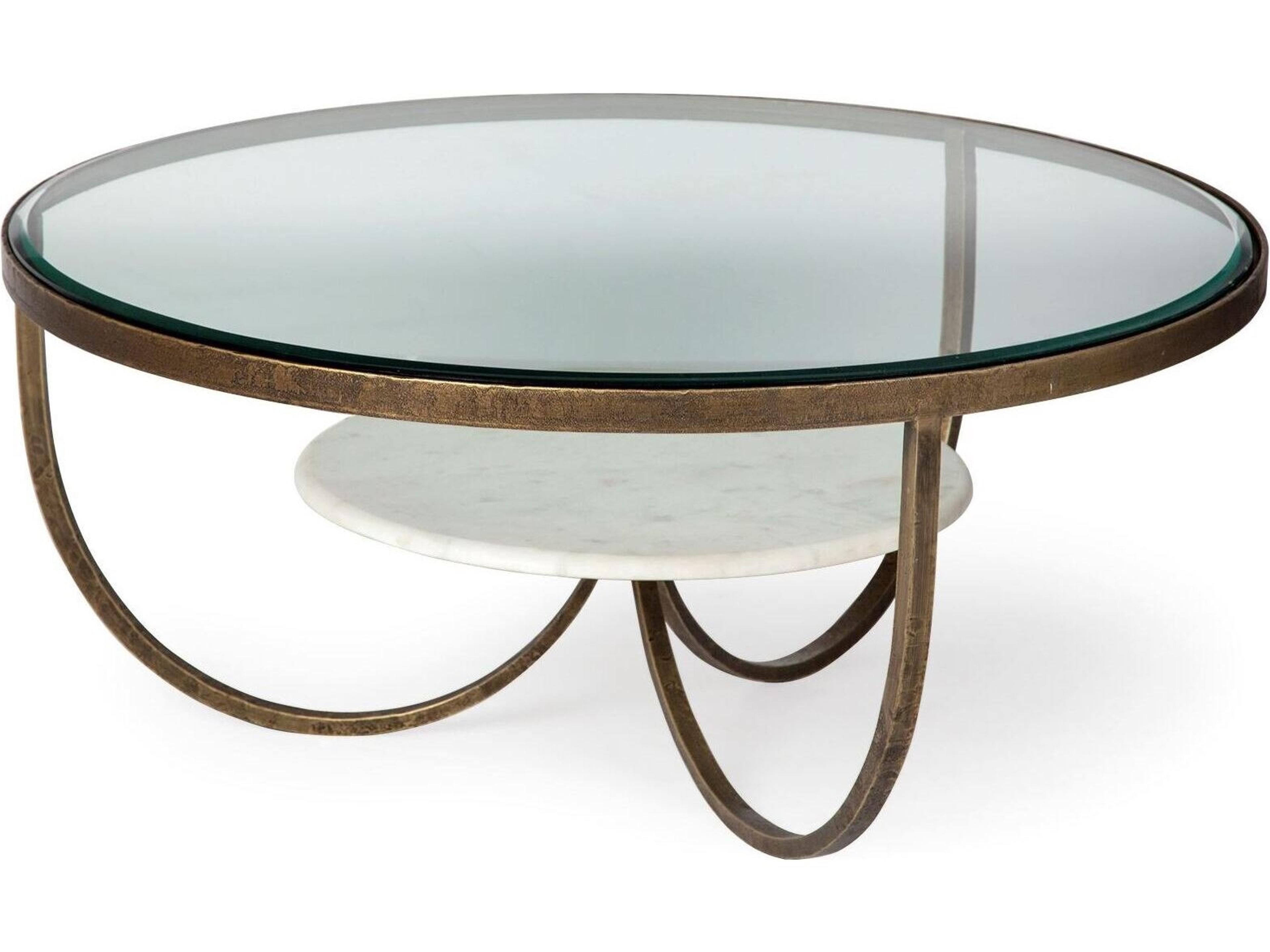 Reinhardt 36" Round Glass Top Marble Shelf Gold Metal Base Coffee Table