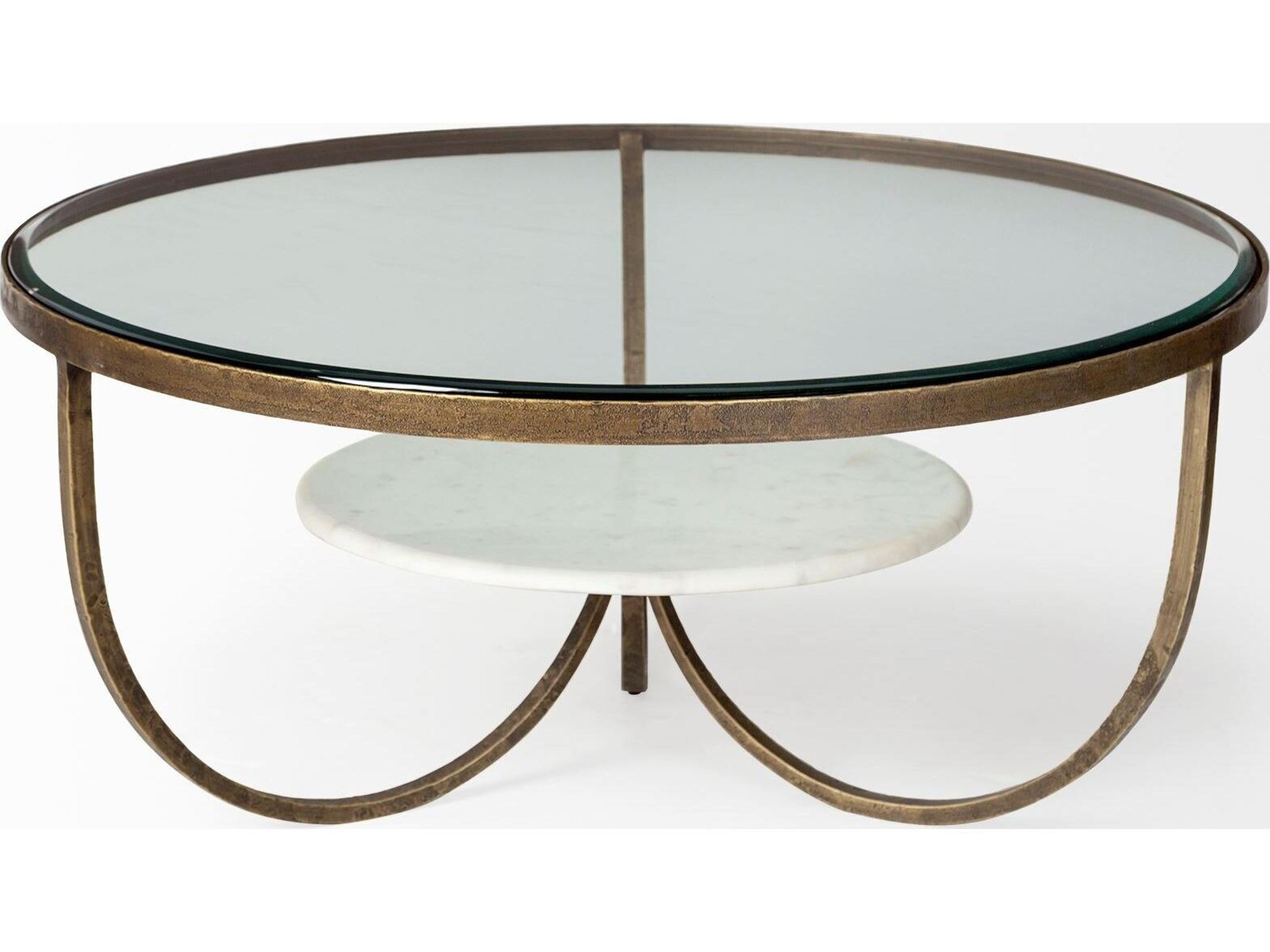 Mercana Reinhardt 36" Round Glass Top Marble Shelf Gold Metal Base Coffee Table