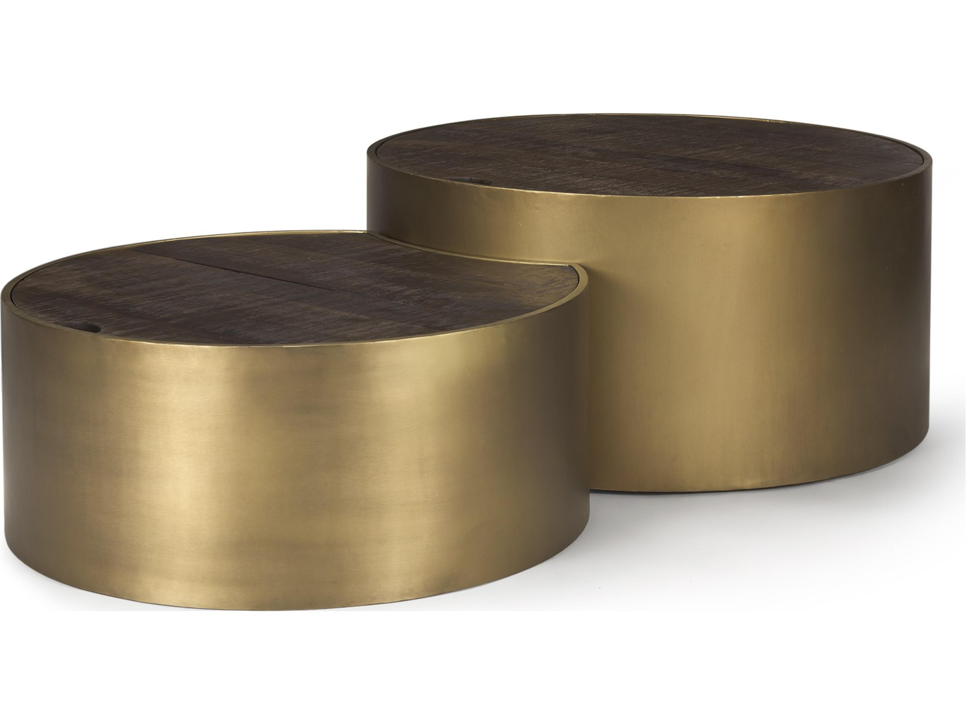 Eclipse Antique Brass Metal Drum Base w/ Dark Brown Wood Top Nested Coffee Table