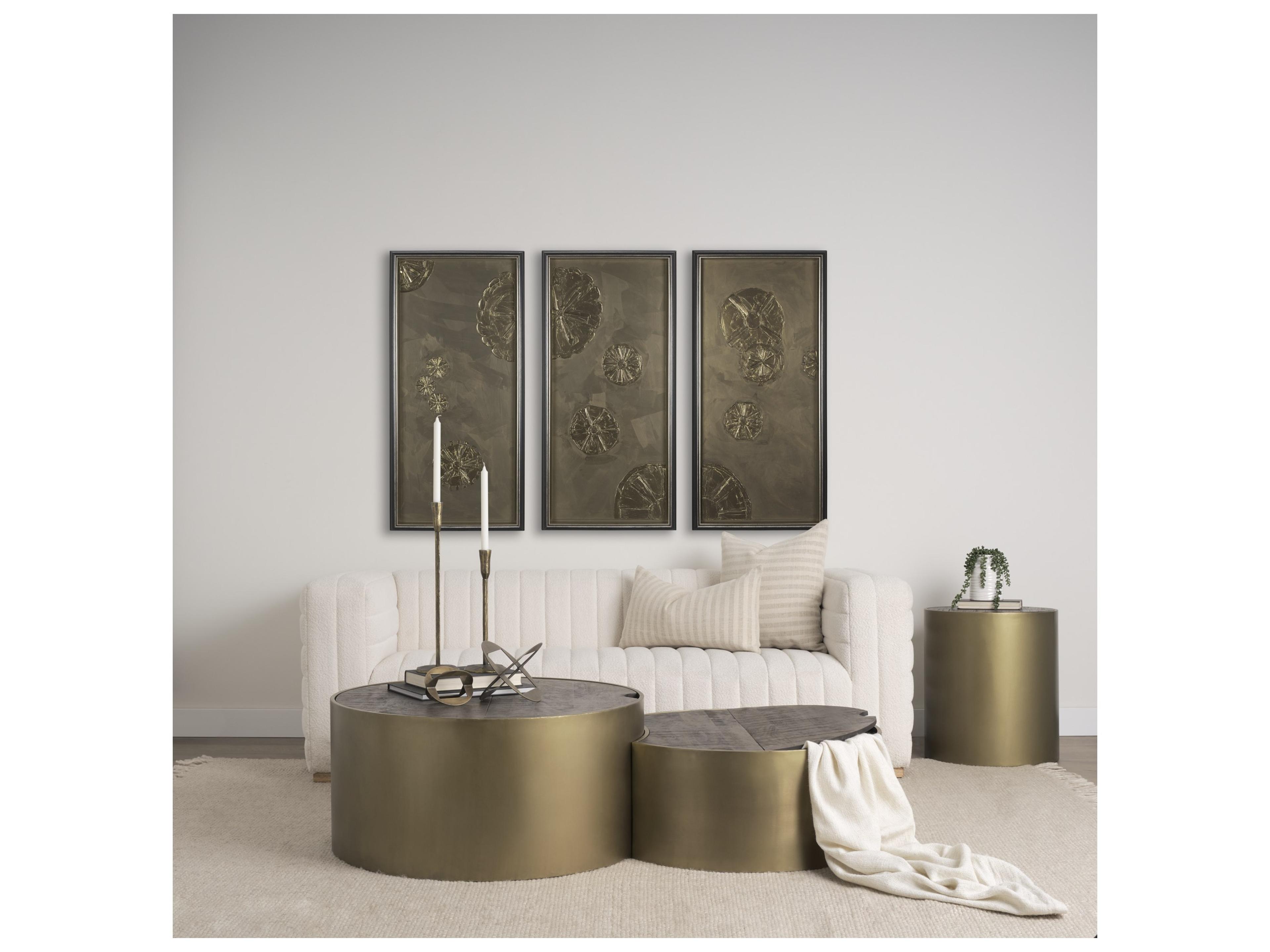 Mercana Eclipse Antique Brass Metal Drum Base w/ Dark Brown Wood Top Nested Coffee Table