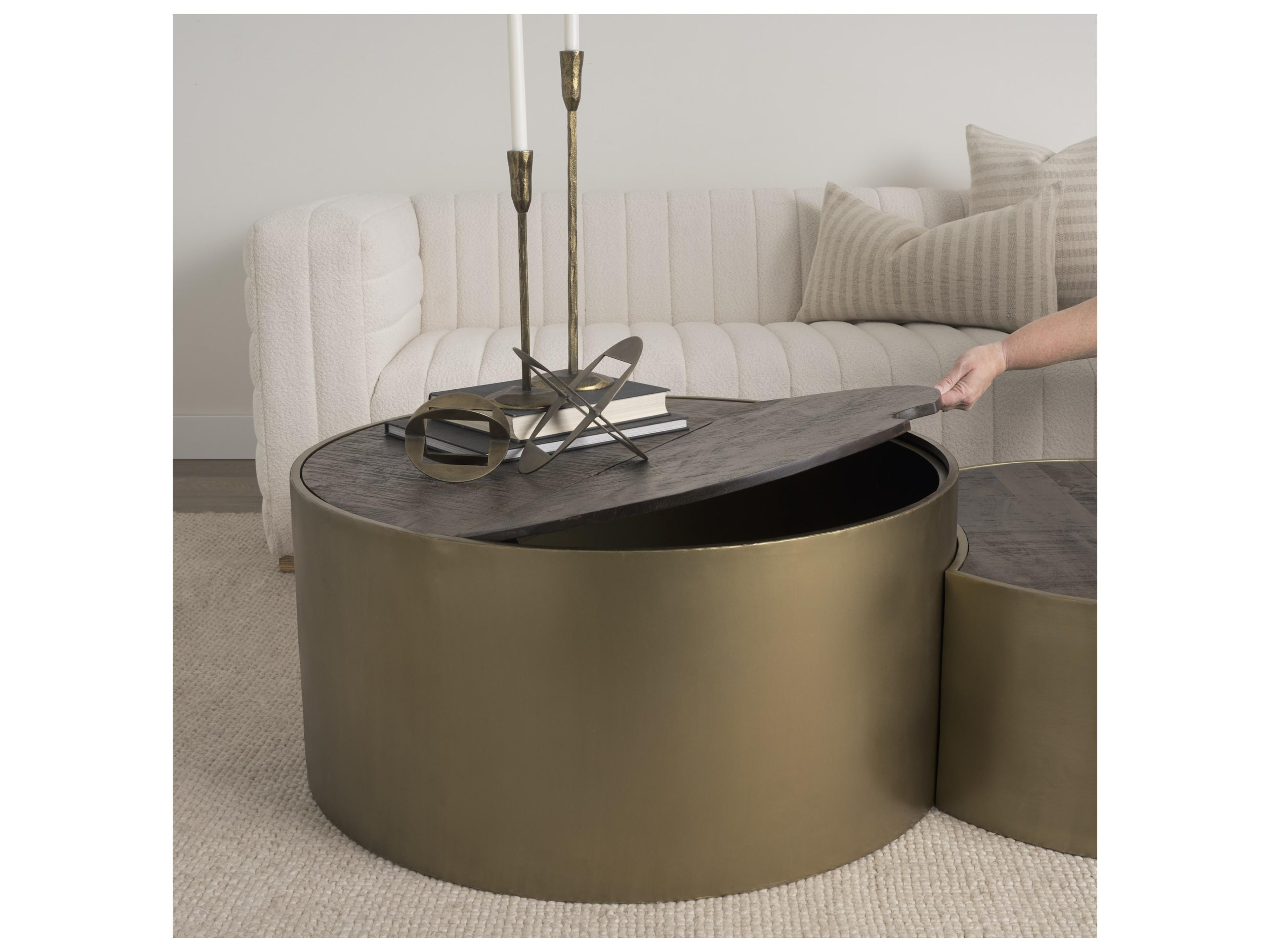 Mercana Eclipse Antique Brass Metal Drum Base w/ Dark Brown Wood Top Nested Coffee Table