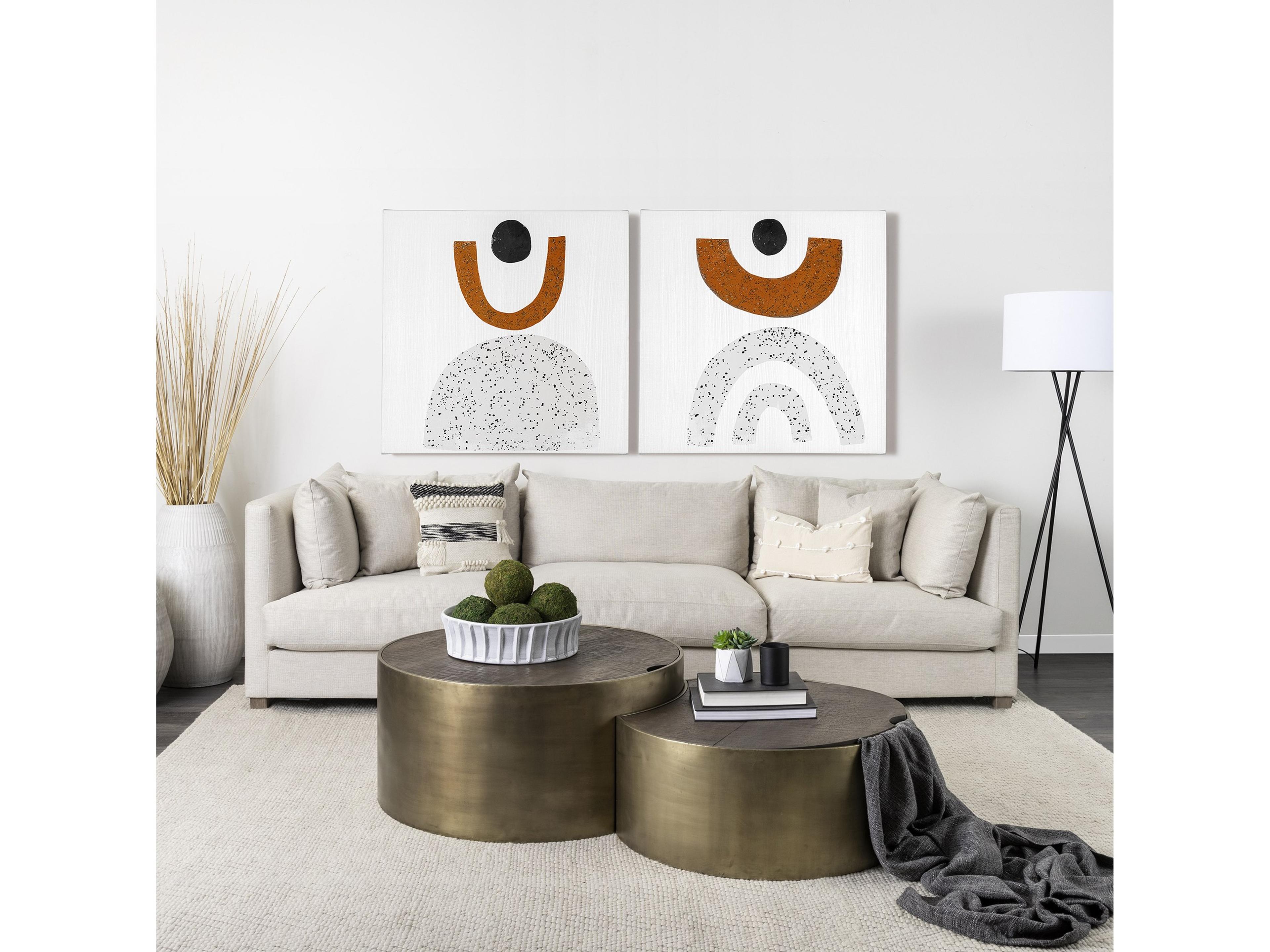 Mercana Eclipse Antique Brass Metal Drum Base w/ Dark Brown Wood Top Nested Coffee Table