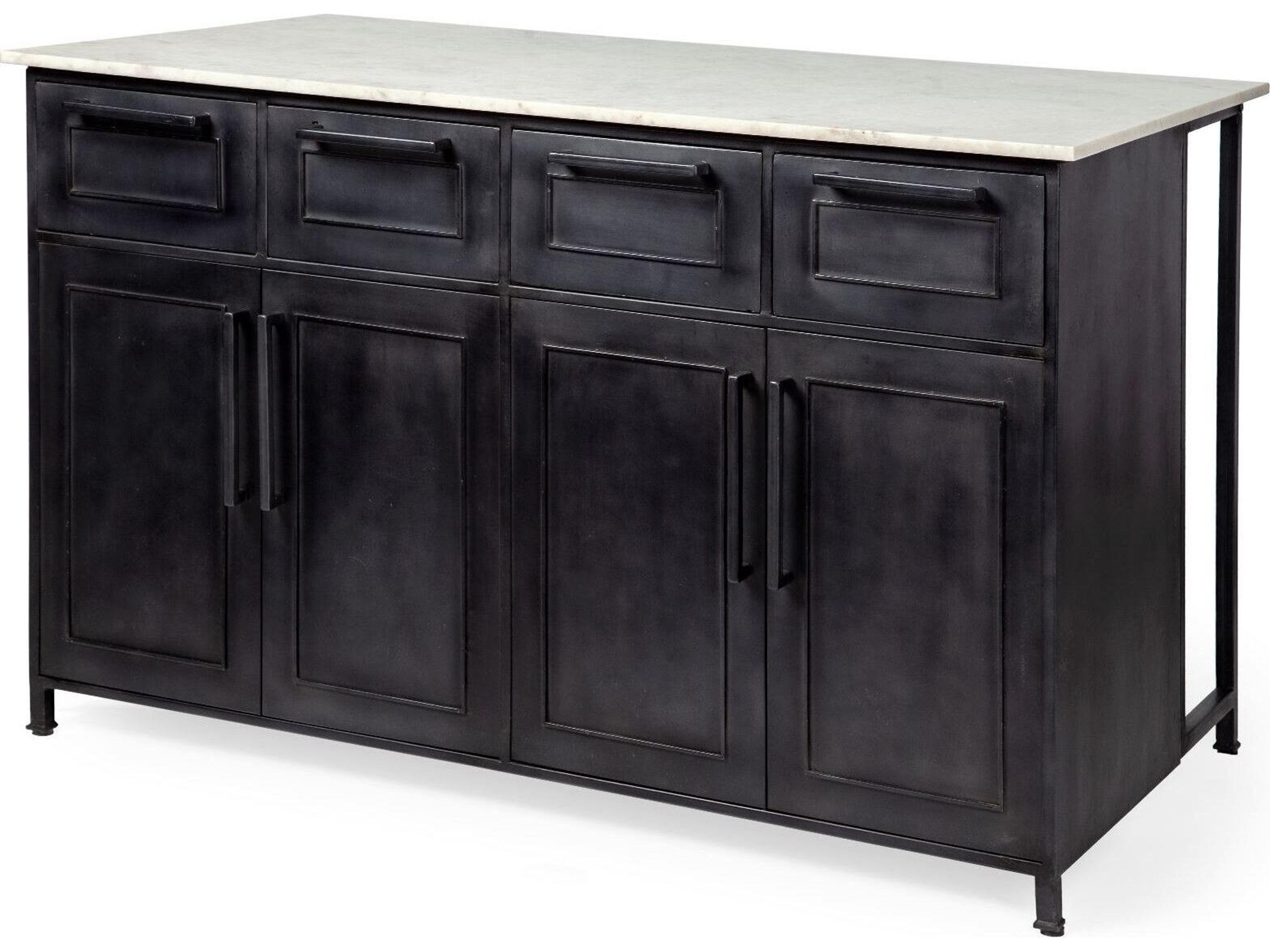 Mercana Fieri Solid Iron Black Body White Marble Top Four Drawer Kitchen Island