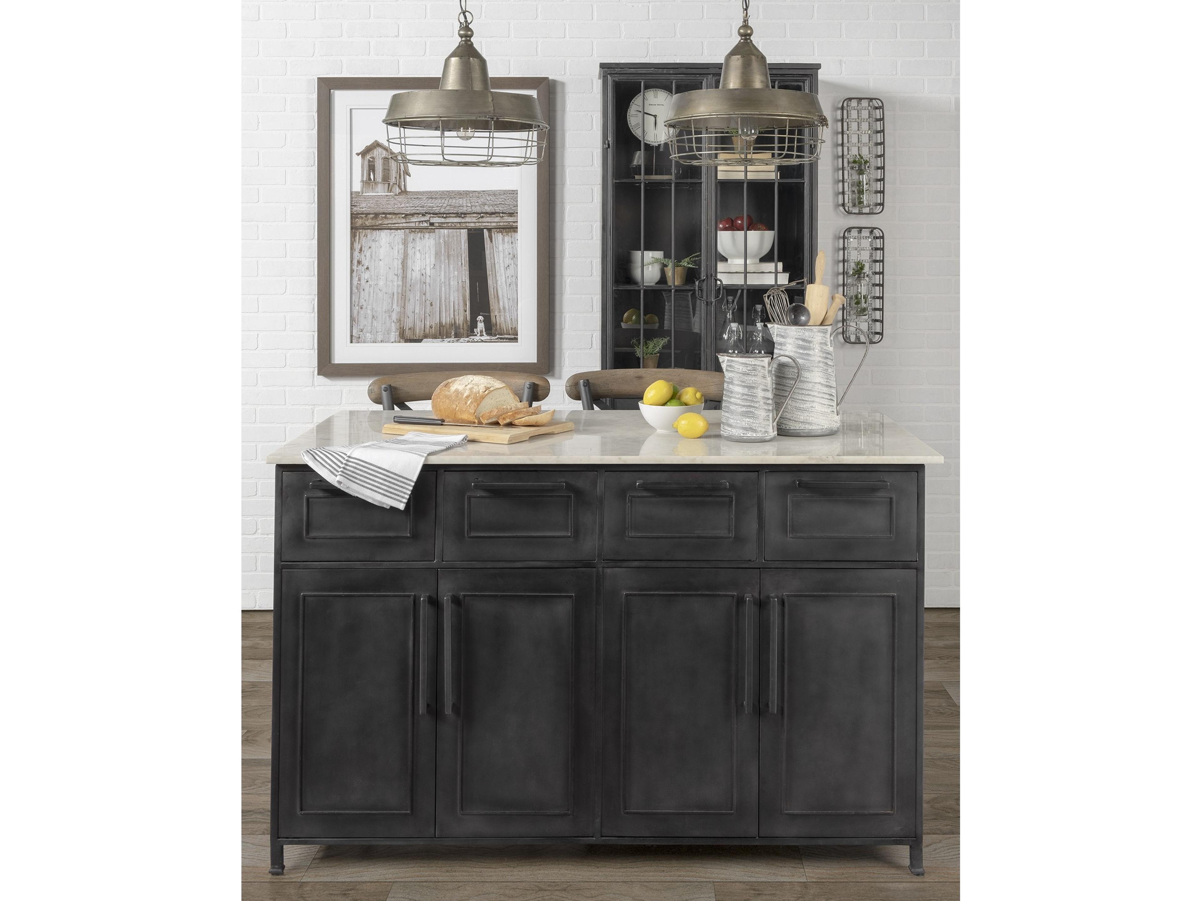 Mercana Fieri Solid Iron Black Body White Marble Top Four Drawer Kitchen Island