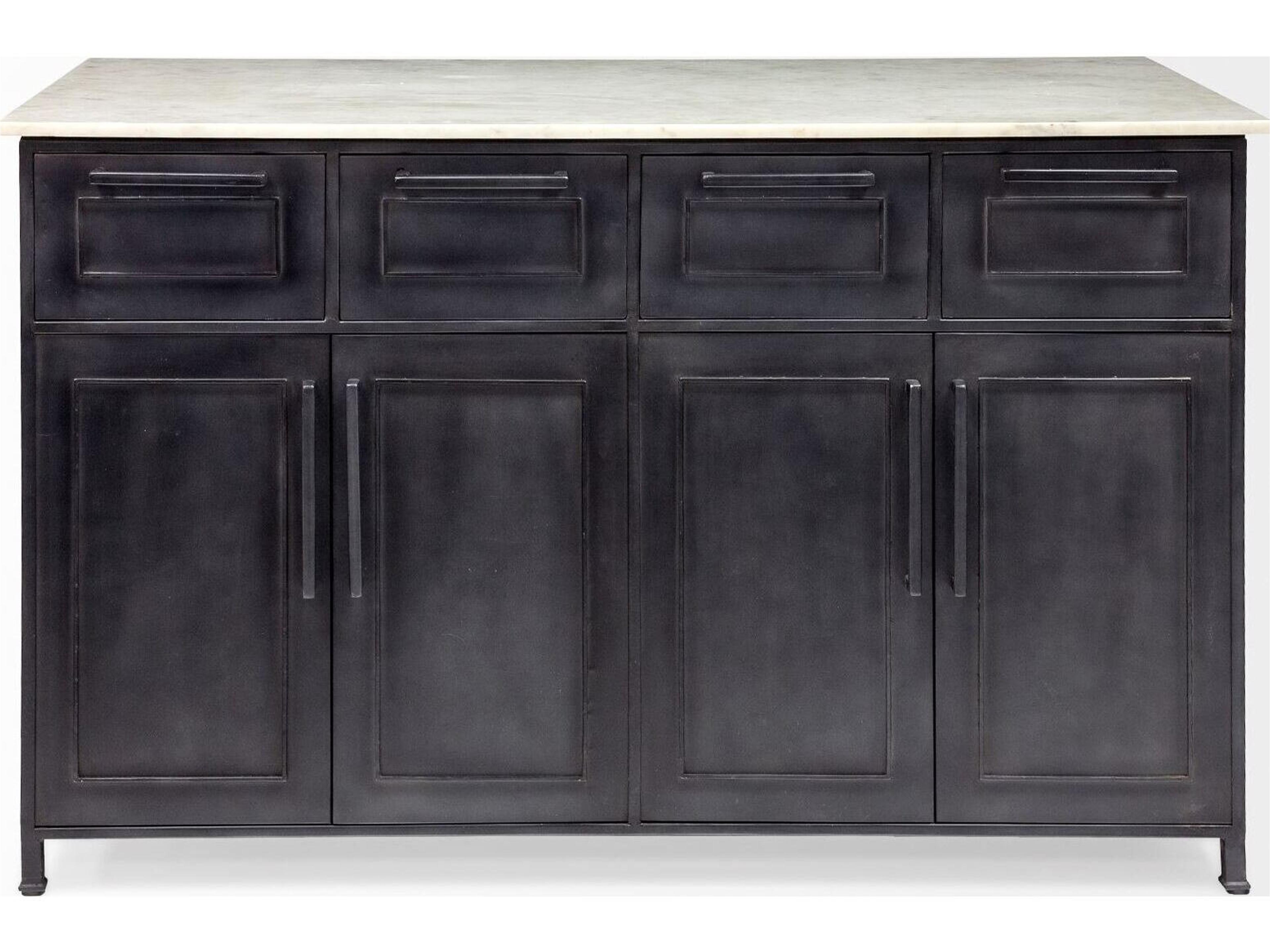 Mercana Fieri Solid Iron Black Body White Marble Top Four Drawer Kitchen Island