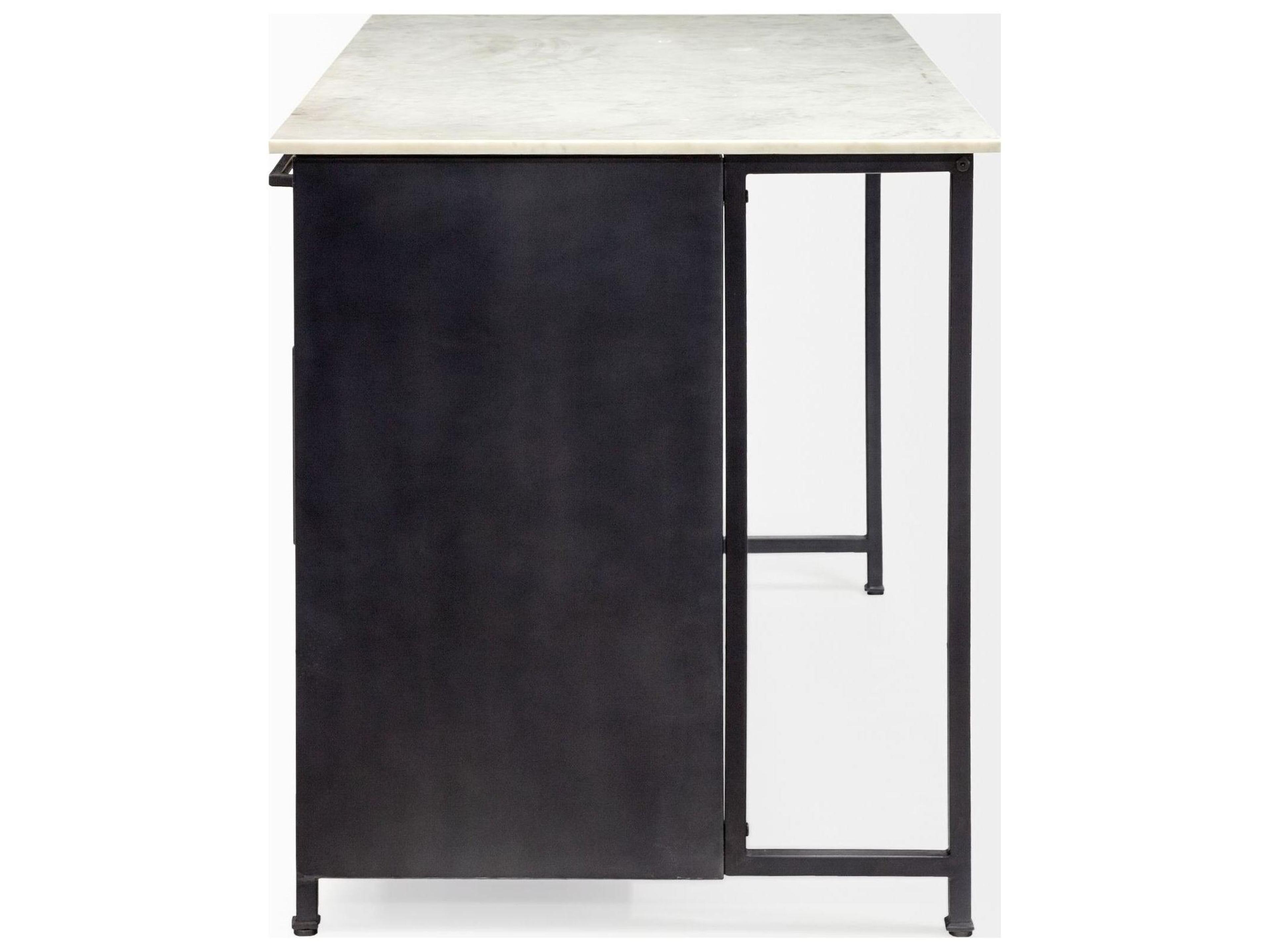 Mercana Fieri Solid Iron Black Body White Marble Top Four Drawer Kitchen Island
