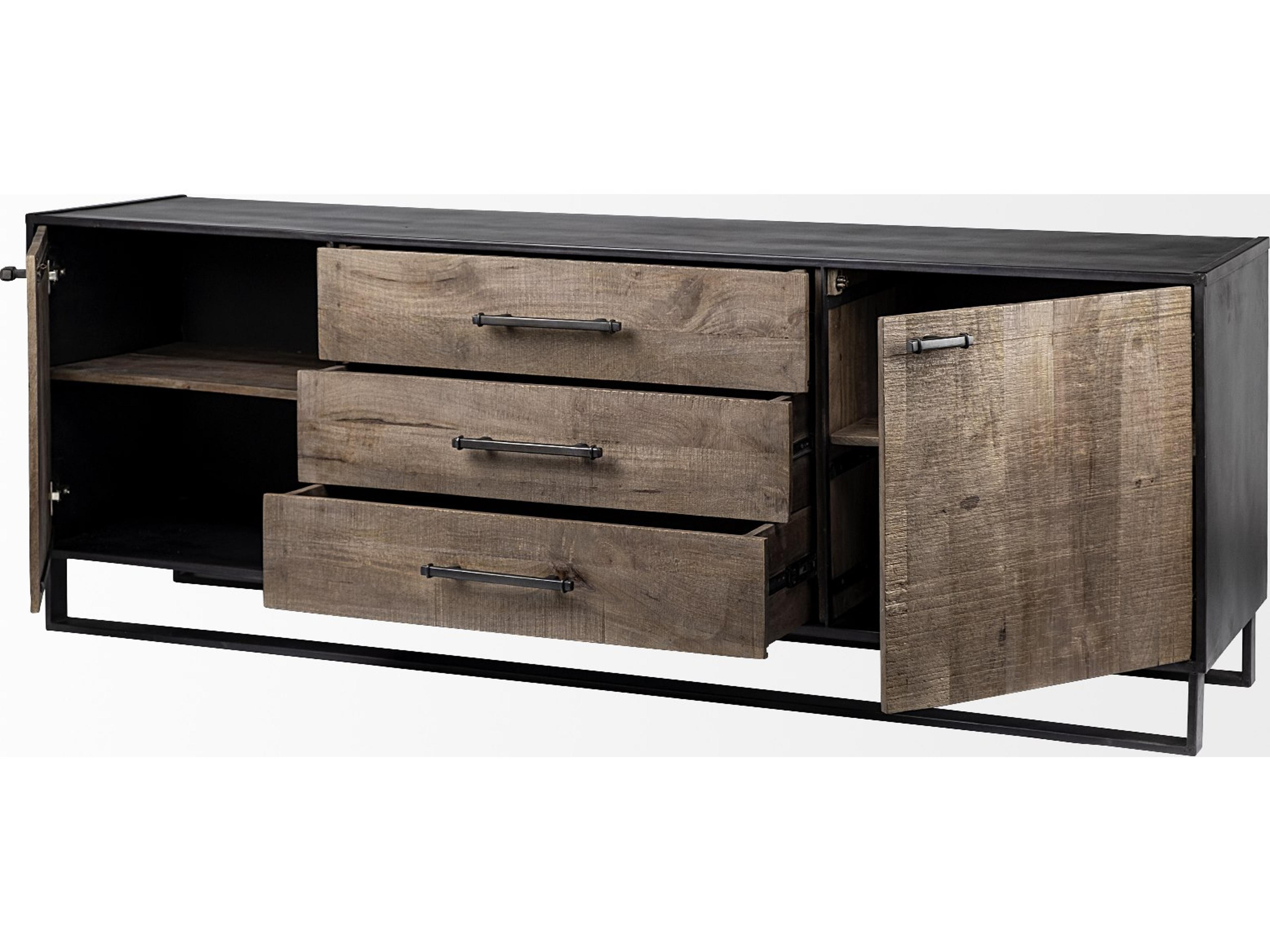 Mercana Alvin 82x20 Brown Solid Wood With Black Metal Frame 3 Drawer 2 Cabinet Door Sideboard