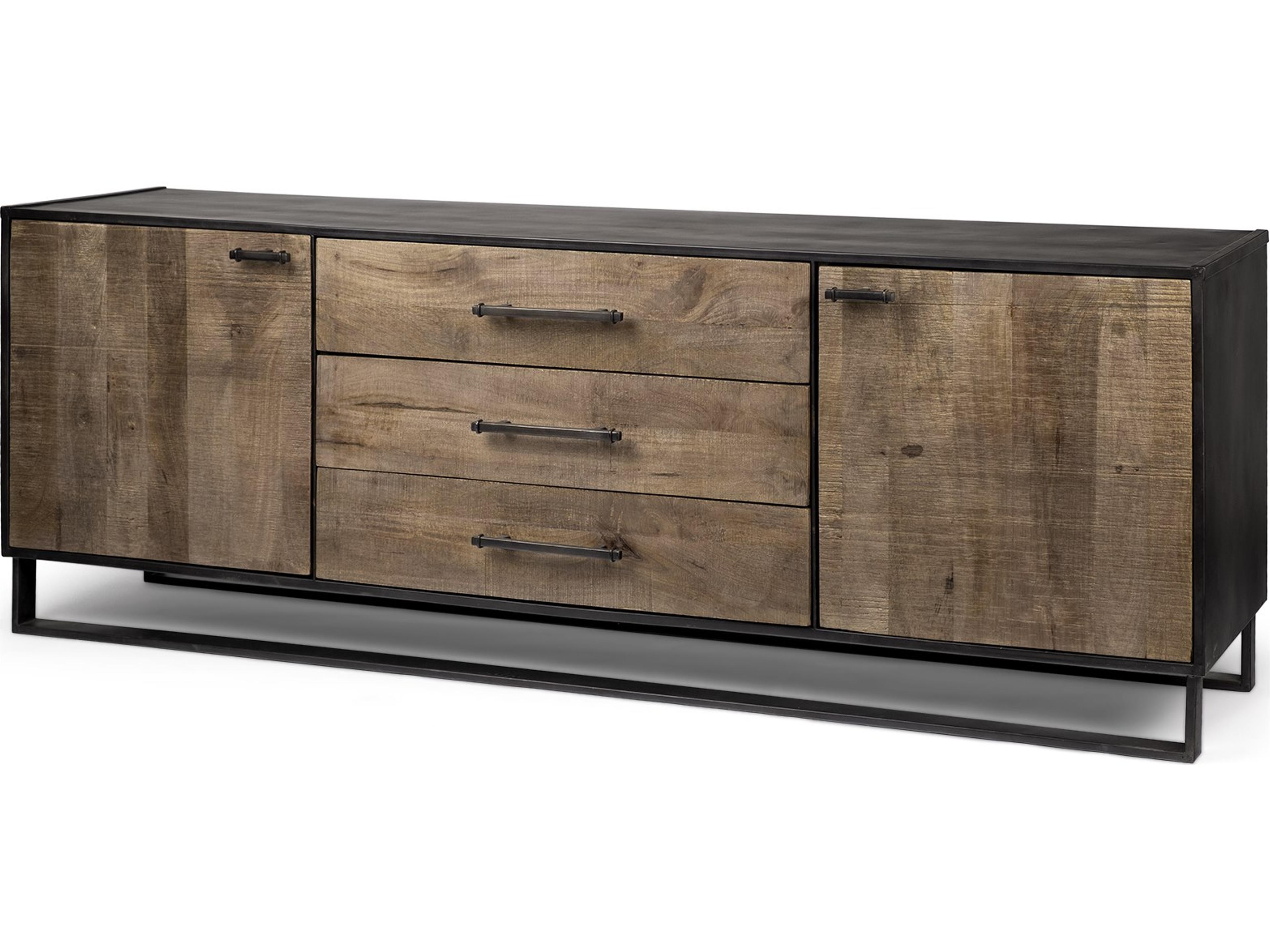 Alvin 82x20 Brown Solid Wood With Black Metal Frame 3 Drawer 2 Cabinet Door Sideboard