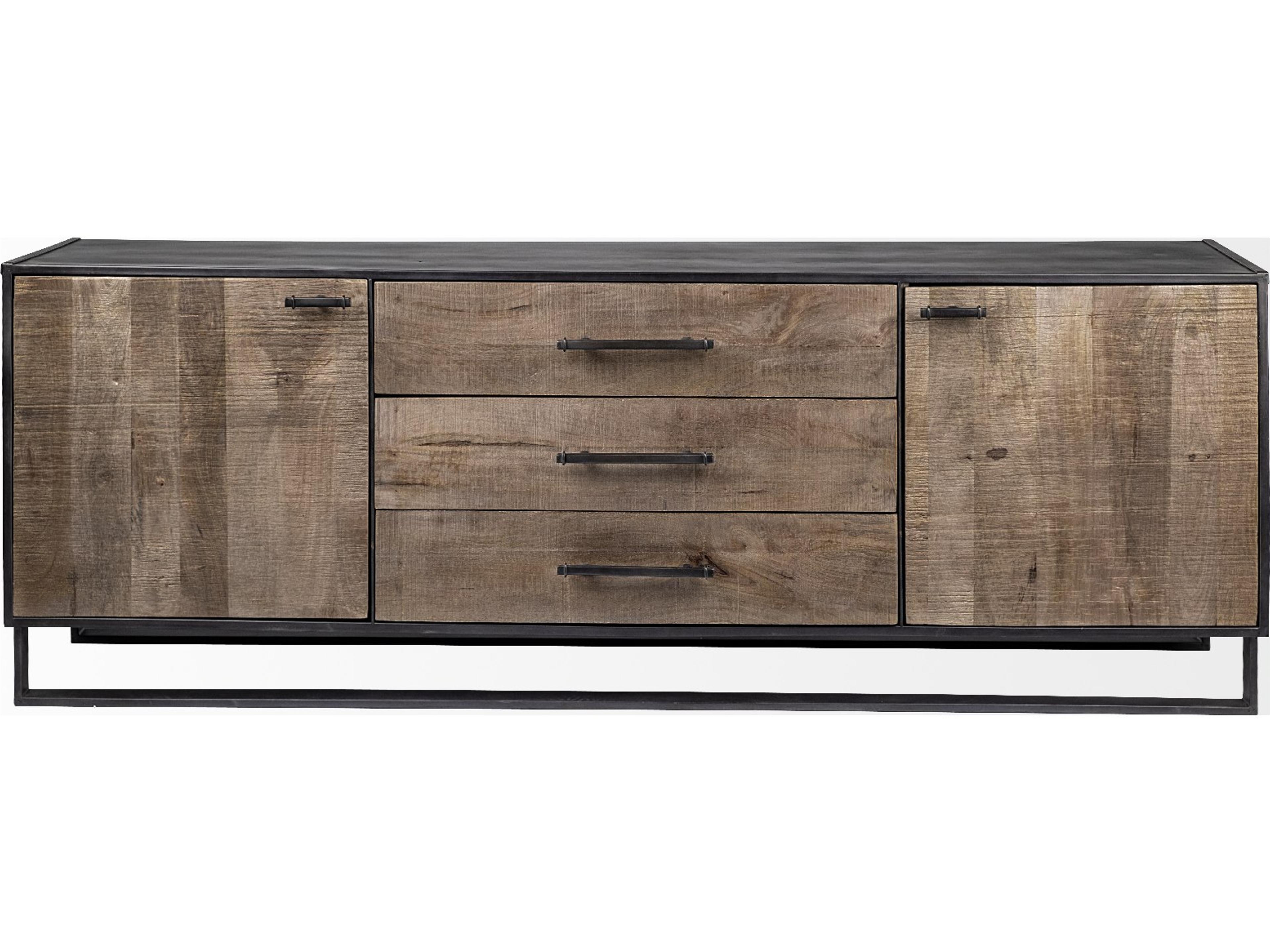 Mercana Alvin 82x20 Brown Solid Wood With Black Metal Frame 3 Drawer 2 Cabinet Door Sideboard