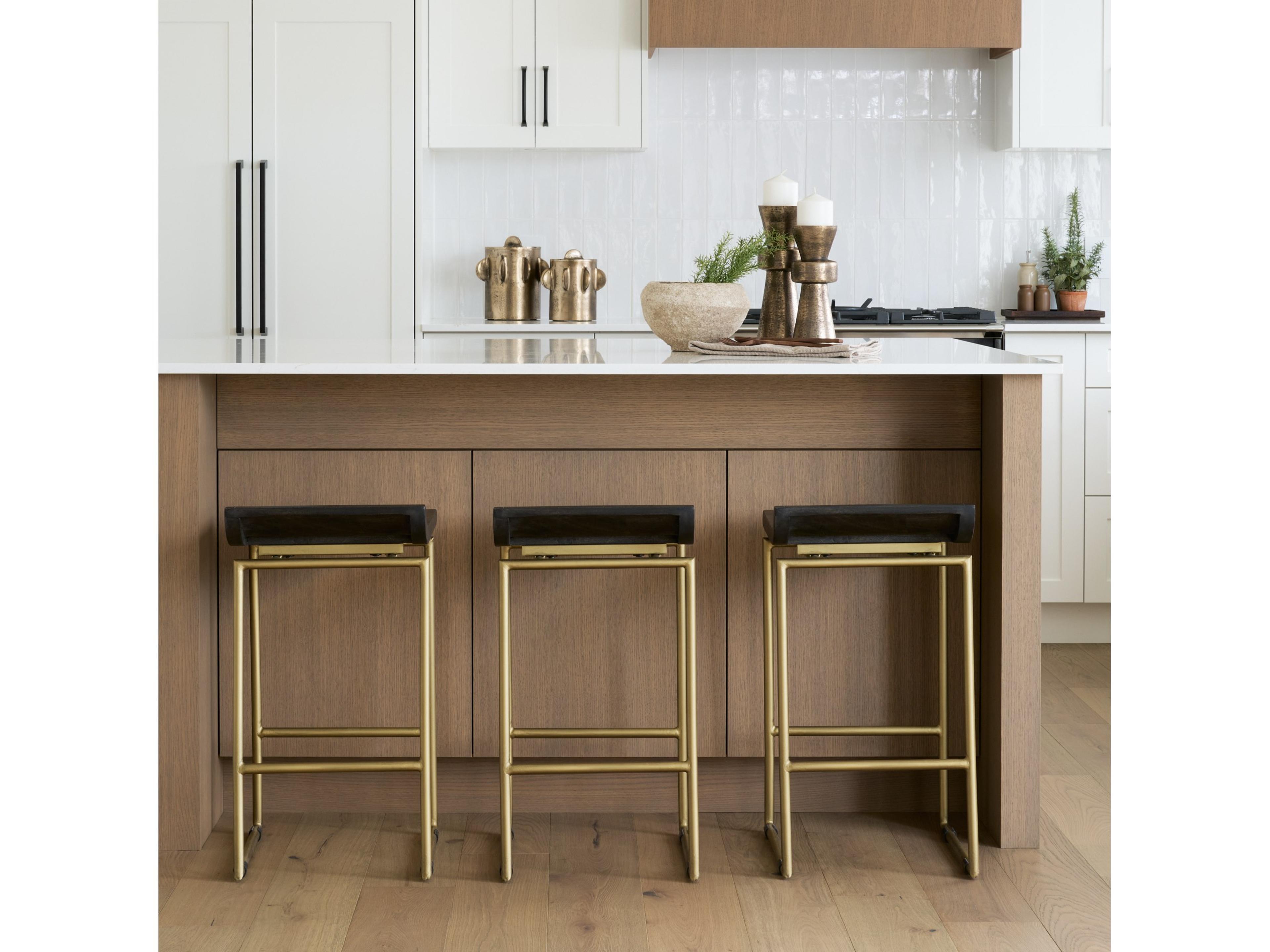 Mercana Givens 24.25"H Seat Height Brown Wood Seat Gold Metal Frame Stool