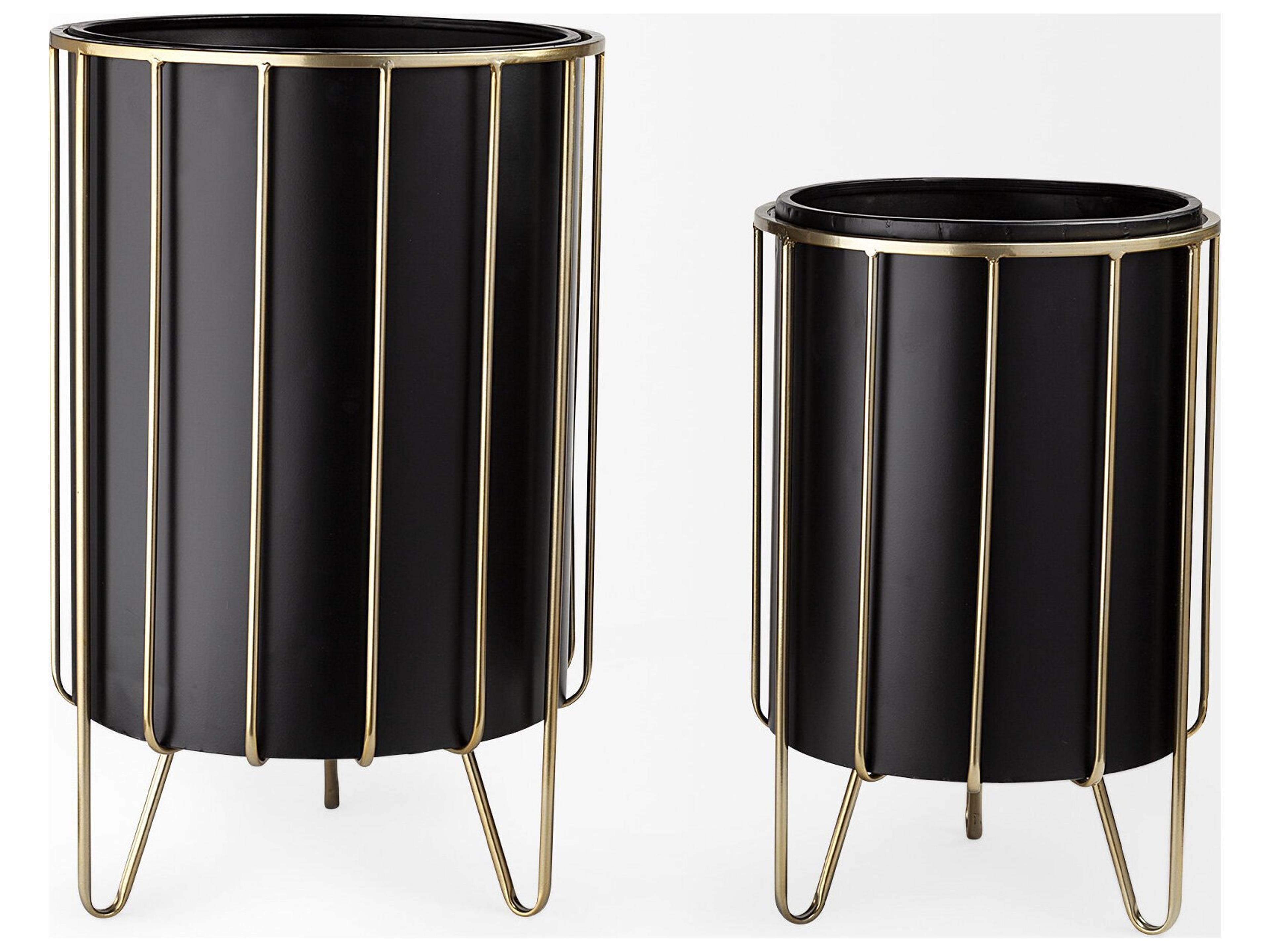 Mercana Pianta 13 x 21 Set of Two Black Metal Insert Brass Frame Plant Stands