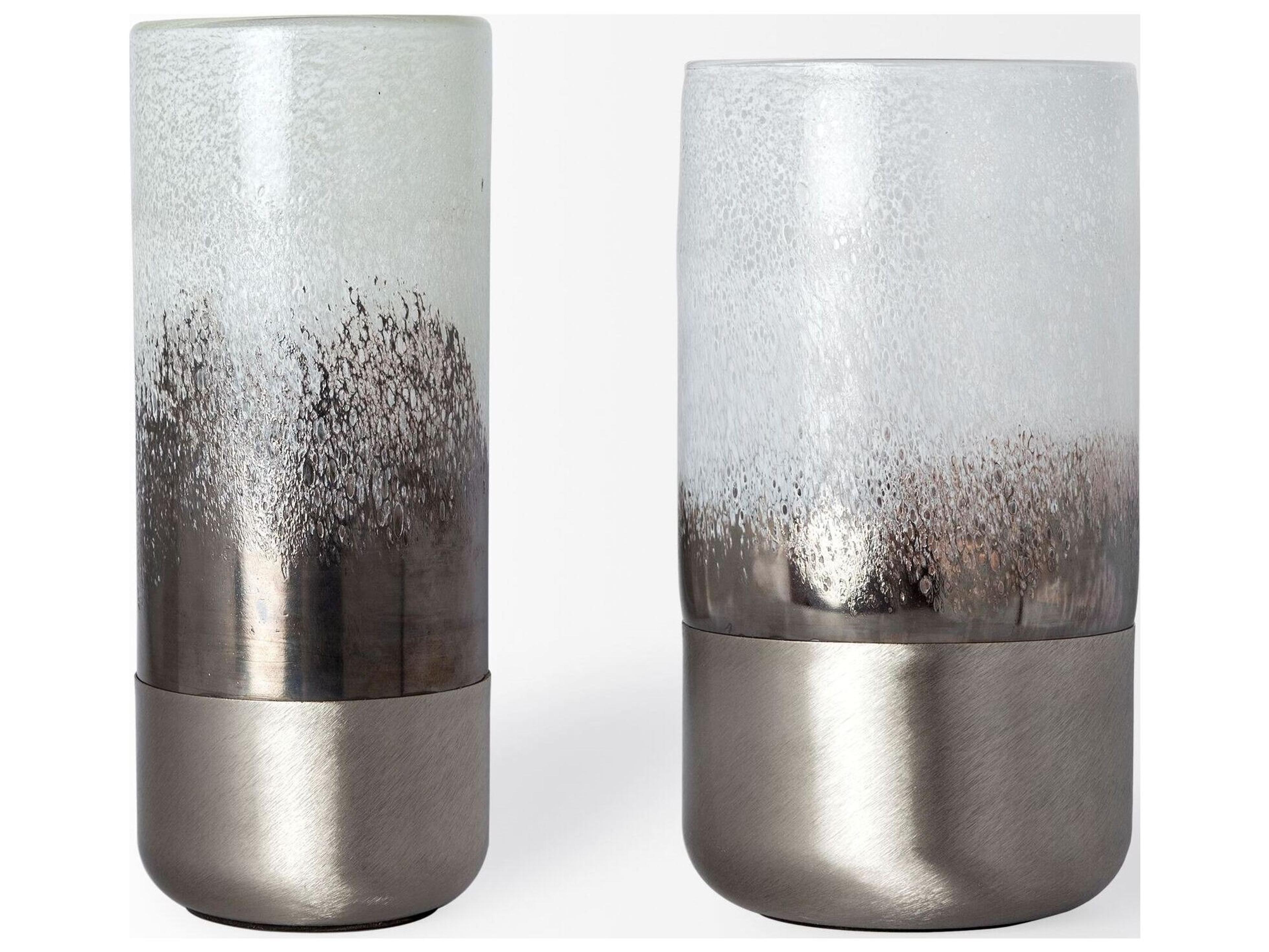 Mercana Baltic II Large White Brushed Silver Metal Bottom Glass Vase