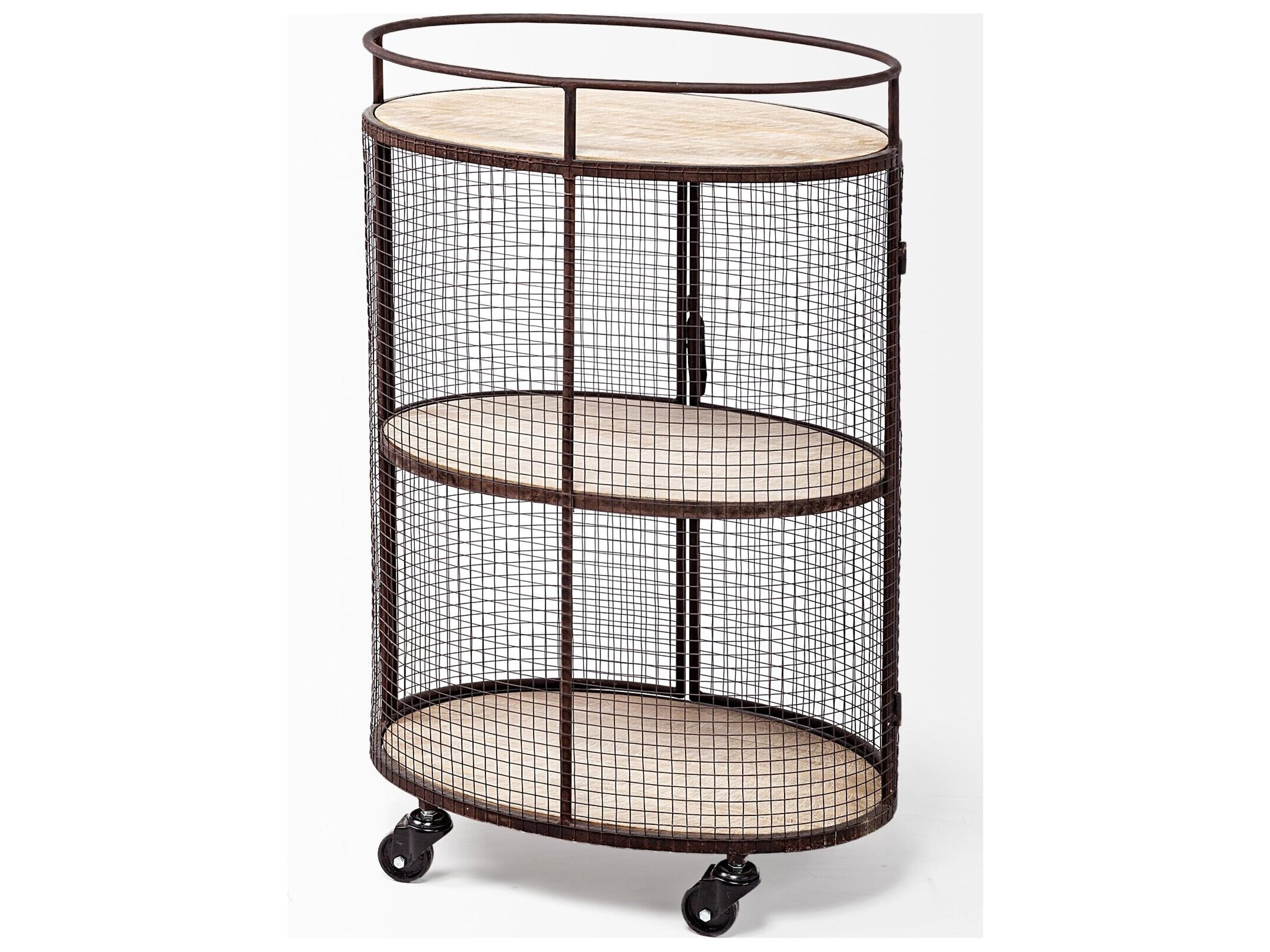 Mercana Saluti II Black Metal Frame cage w/three wood shelves oval Bar Cart
