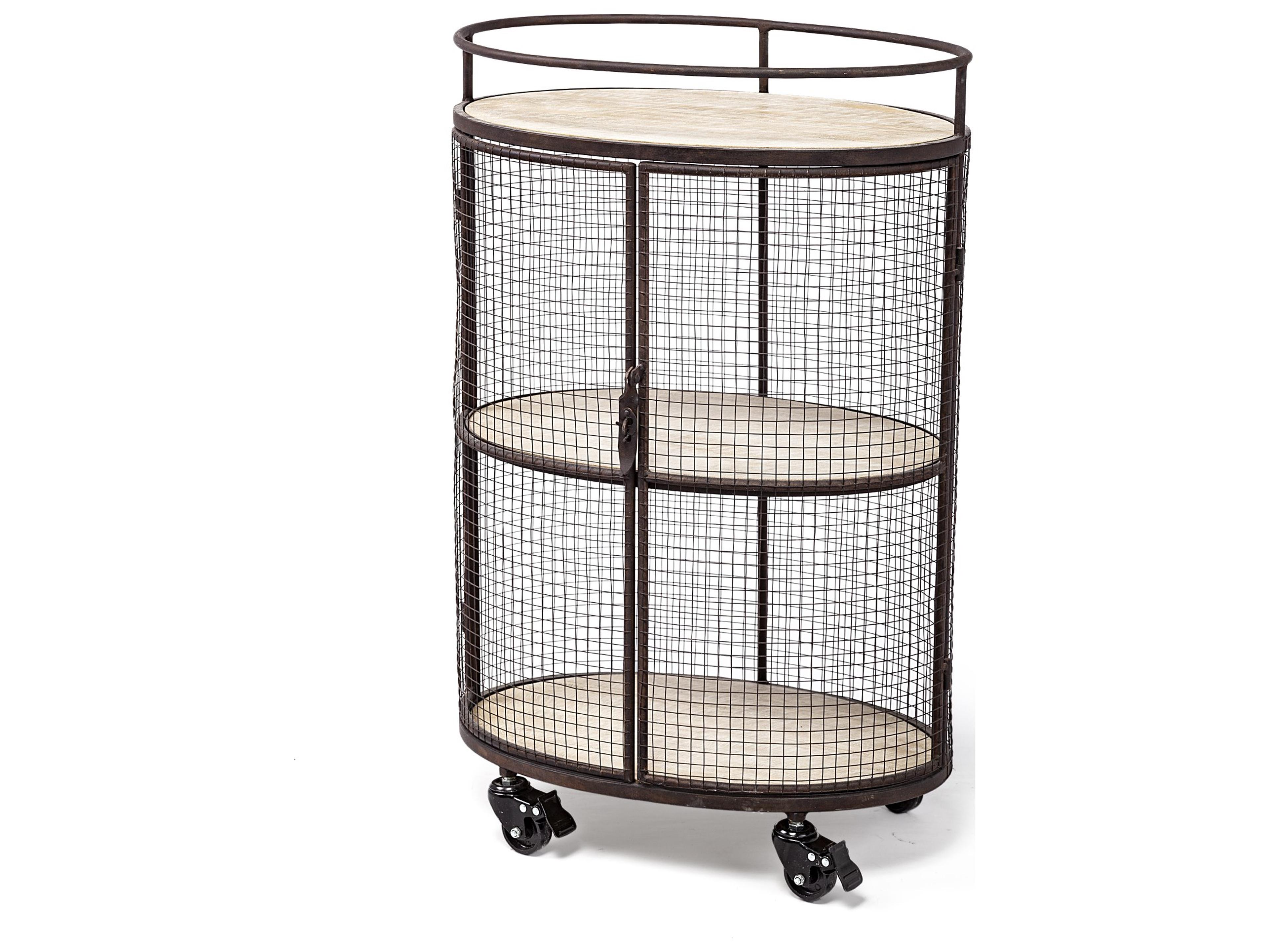 Saluti II Black Metal Frame cage w/three wood shelves oval Bar Cart
