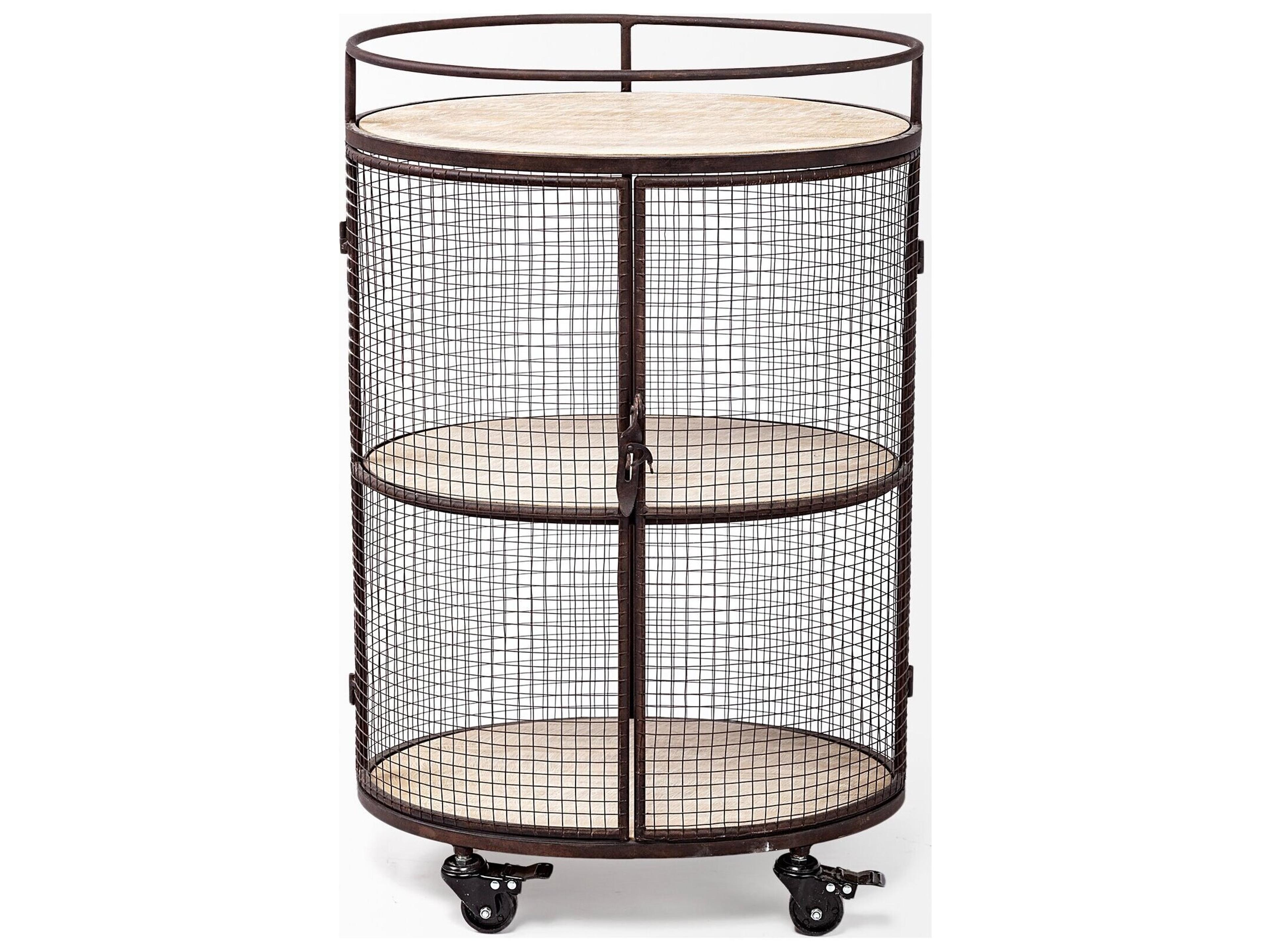 Mercana Saluti II Black Metal Frame cage w/three wood shelves oval Bar Cart