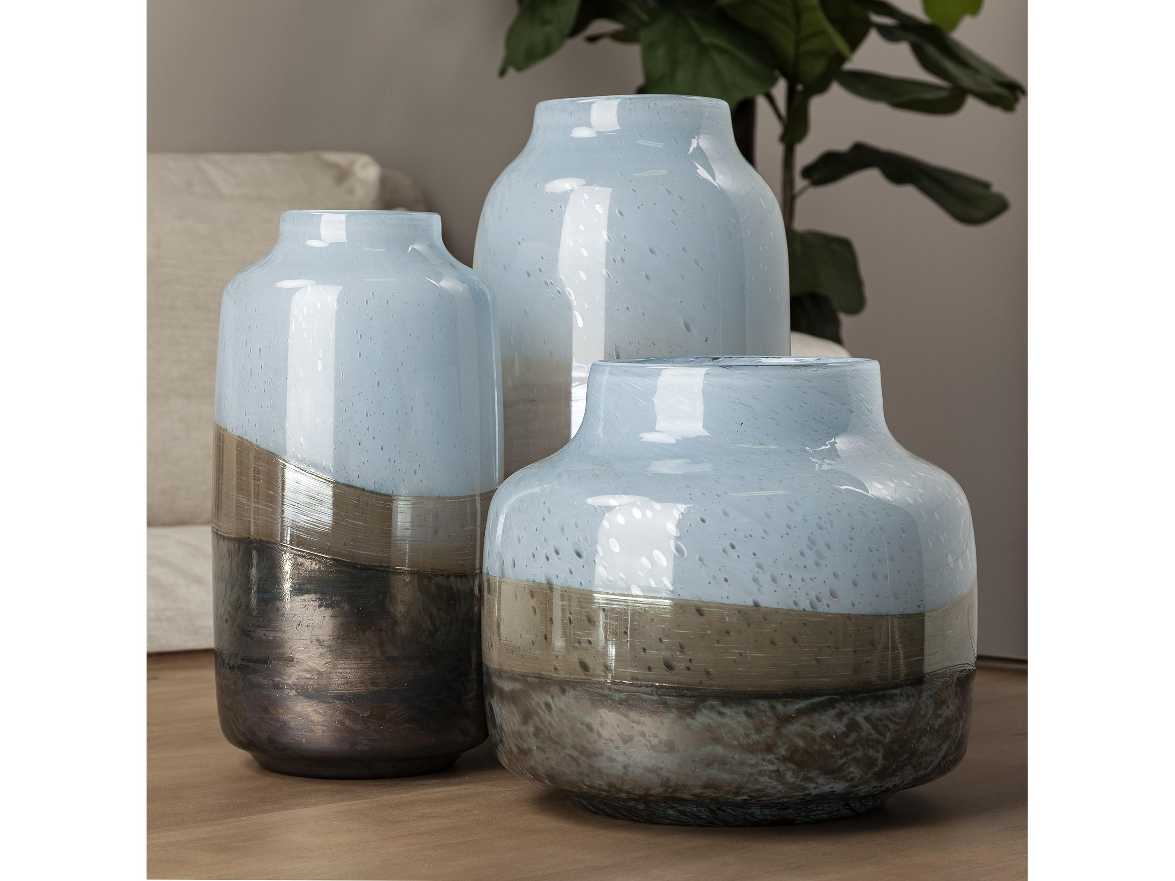 Mercana Nasser III Large Blue/Gold/Chrome Urn Style Glass Vase