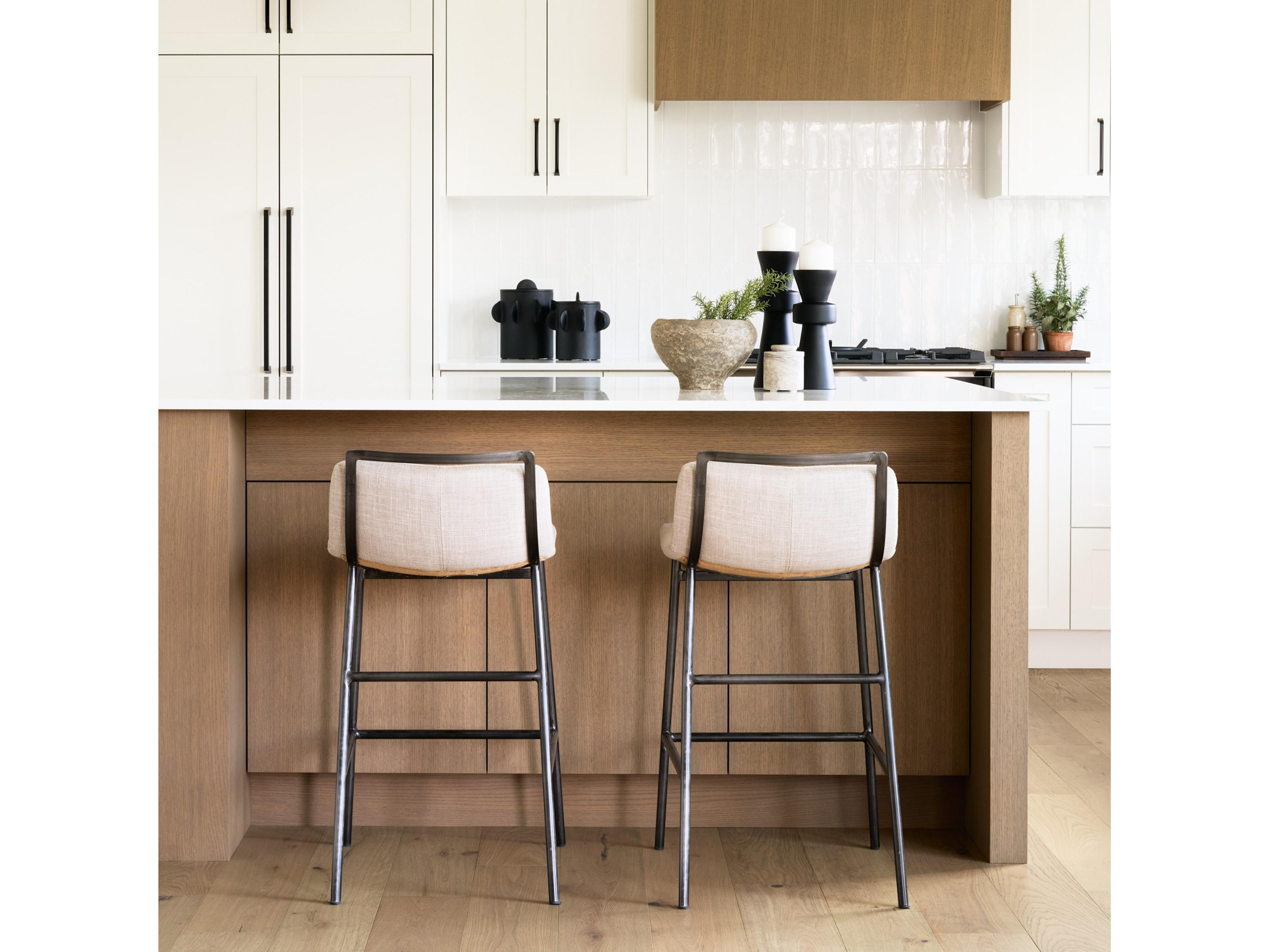 Mercana Kavalan 33.5" Total Height Beige Upholstered Seat Gray Metal Frame Counter Stool