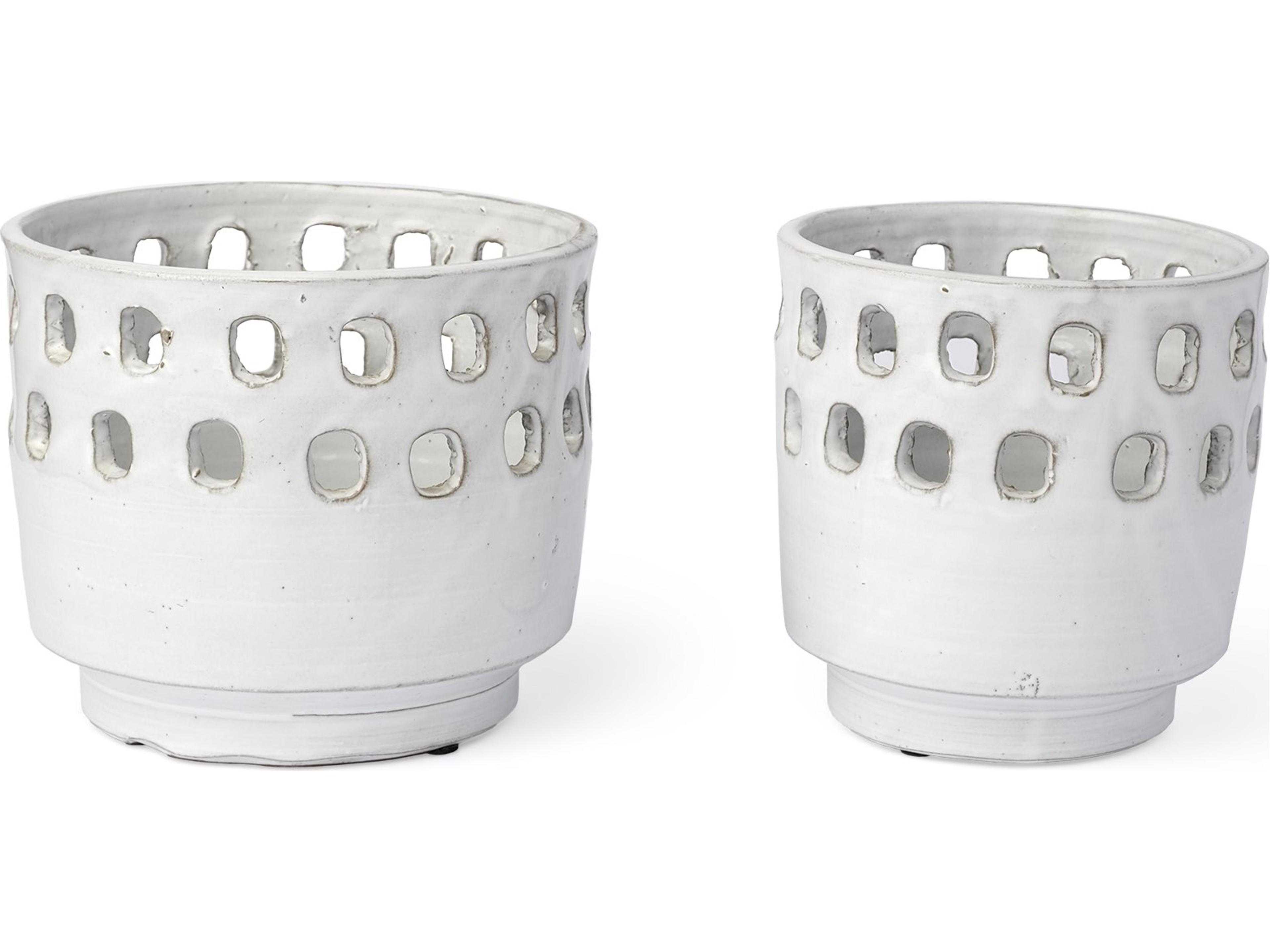 Mercana Larissa Set of Two White Ceramic Hollow Pattern Vases