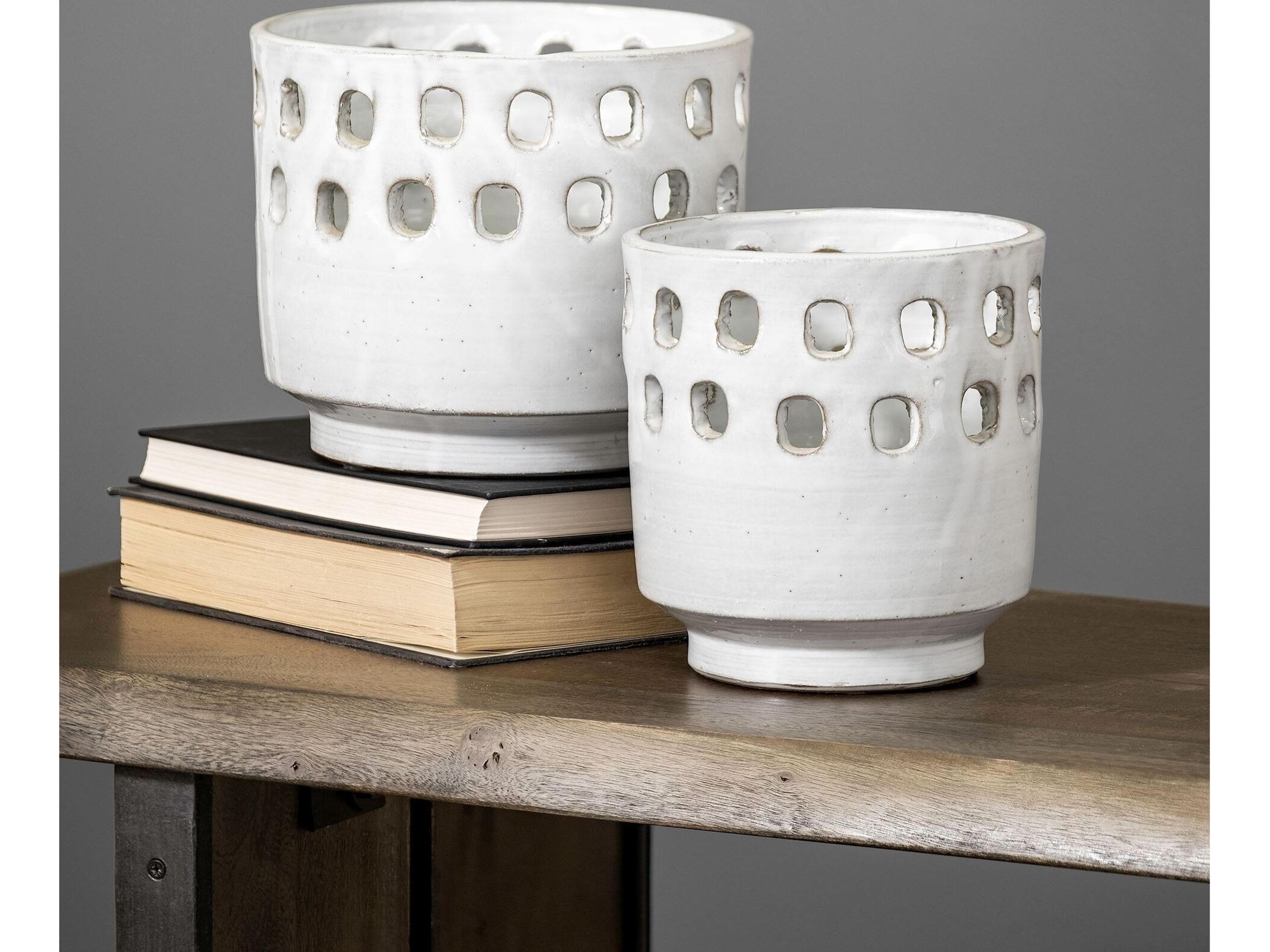 Mercana Larissa Set of Two White Ceramic Hollow Pattern Vases