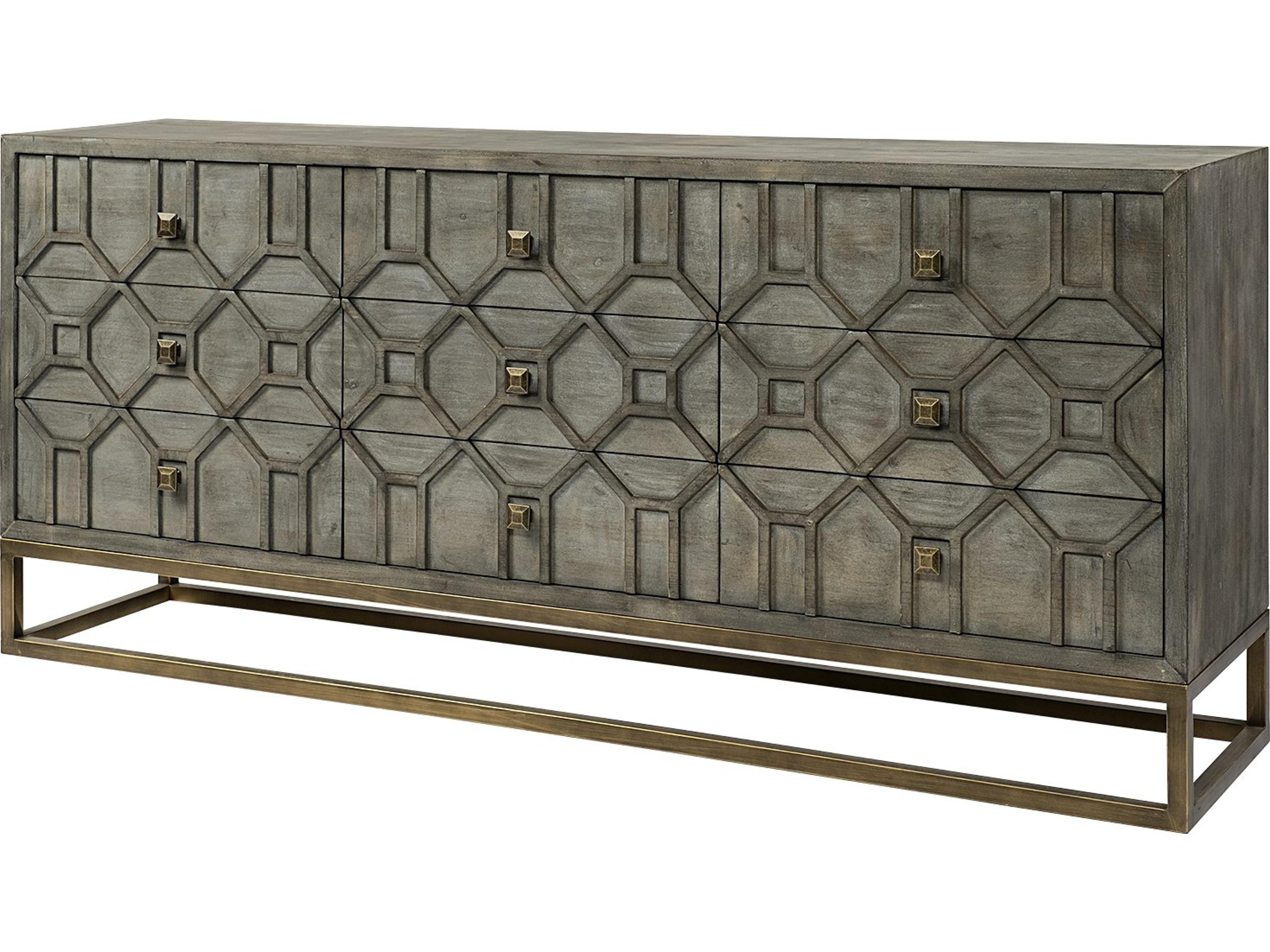 Genevieve II 70x15.8 Gray Fir Veneer W/Gold Metal Frame Base 9 Drawer Sideboard