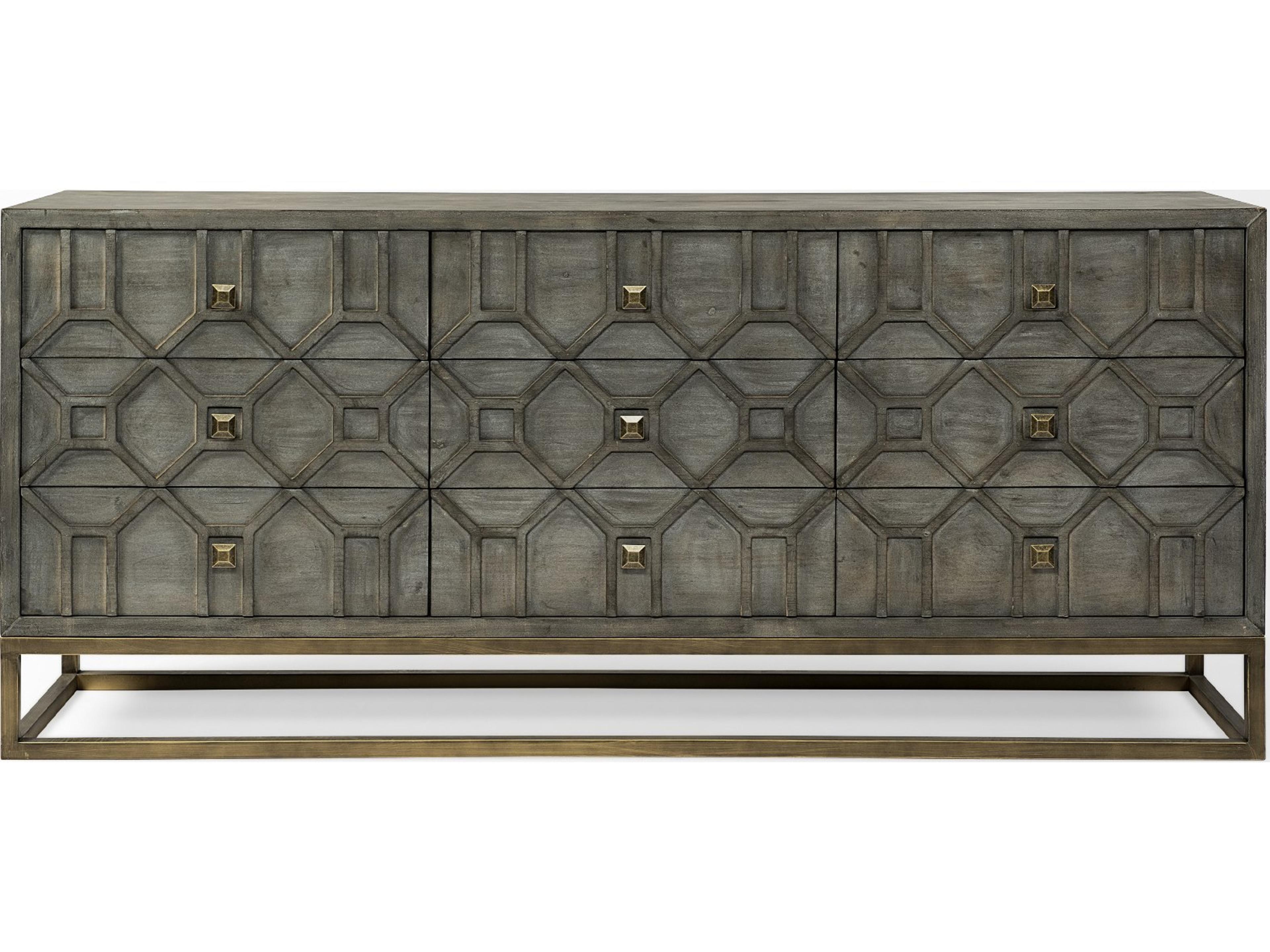 Mercana Genevieve II 70x15.8 Gray Fir Veneer W/Gold Metal Frame Base 9 Drawer Sideboard