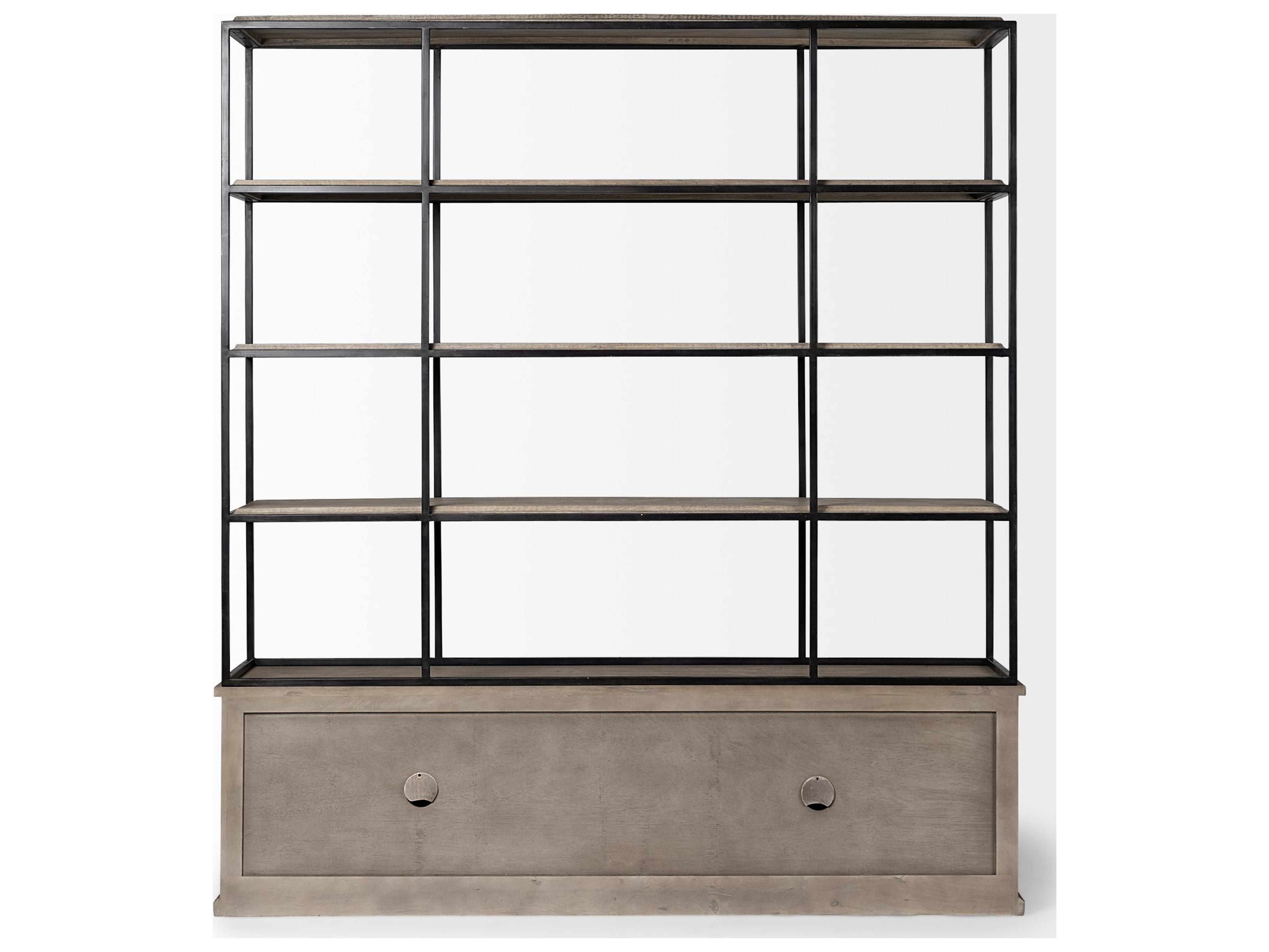 Mercana Braxton I Light Brown Wood and Iron Three Shelf Shelving Unit 81.5L x 18.5W x 90