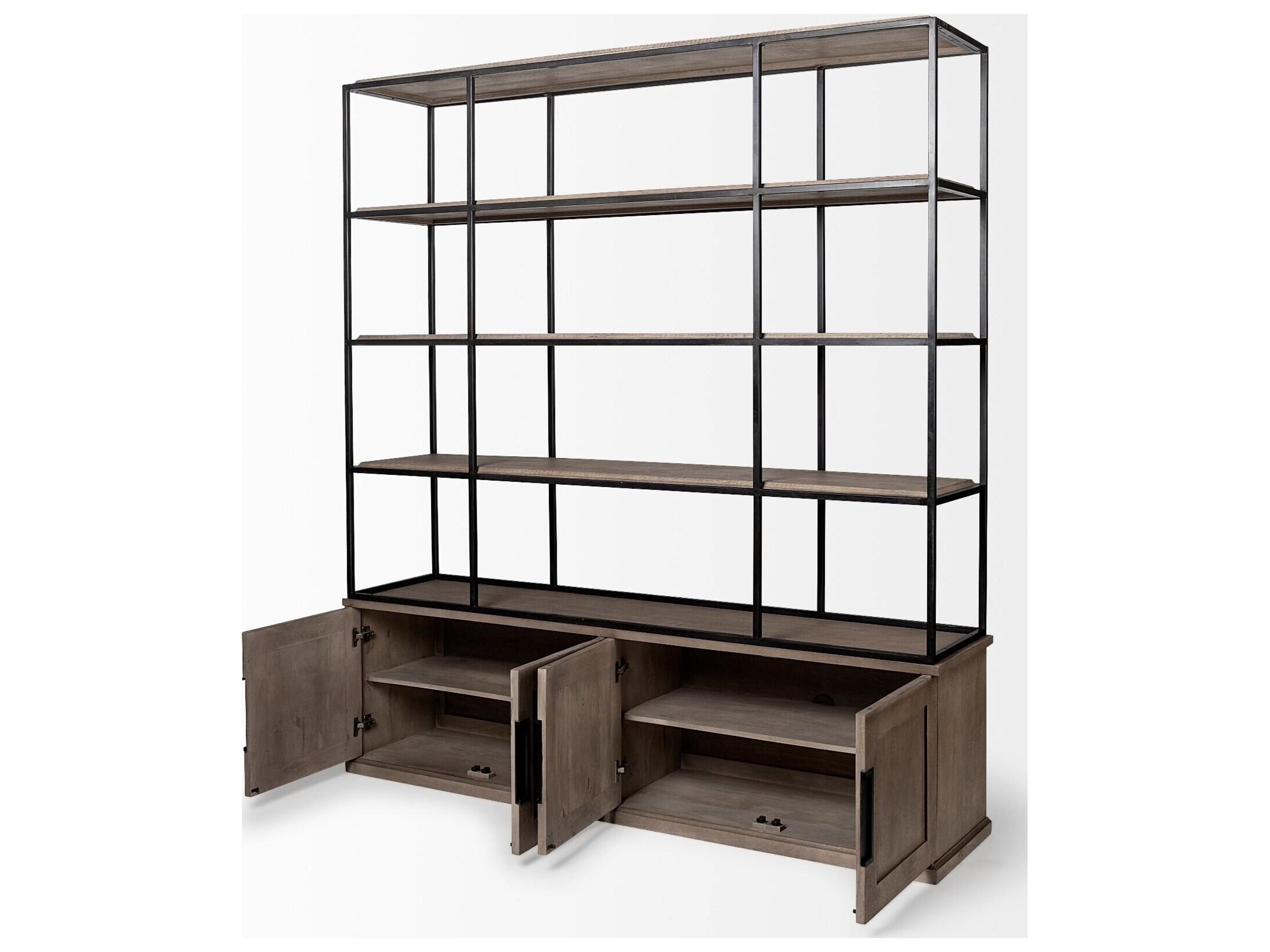 Mercana Braxton I Light Brown Wood and Iron Three Shelf Shelving Unit 81.5L x 18.5W x 90