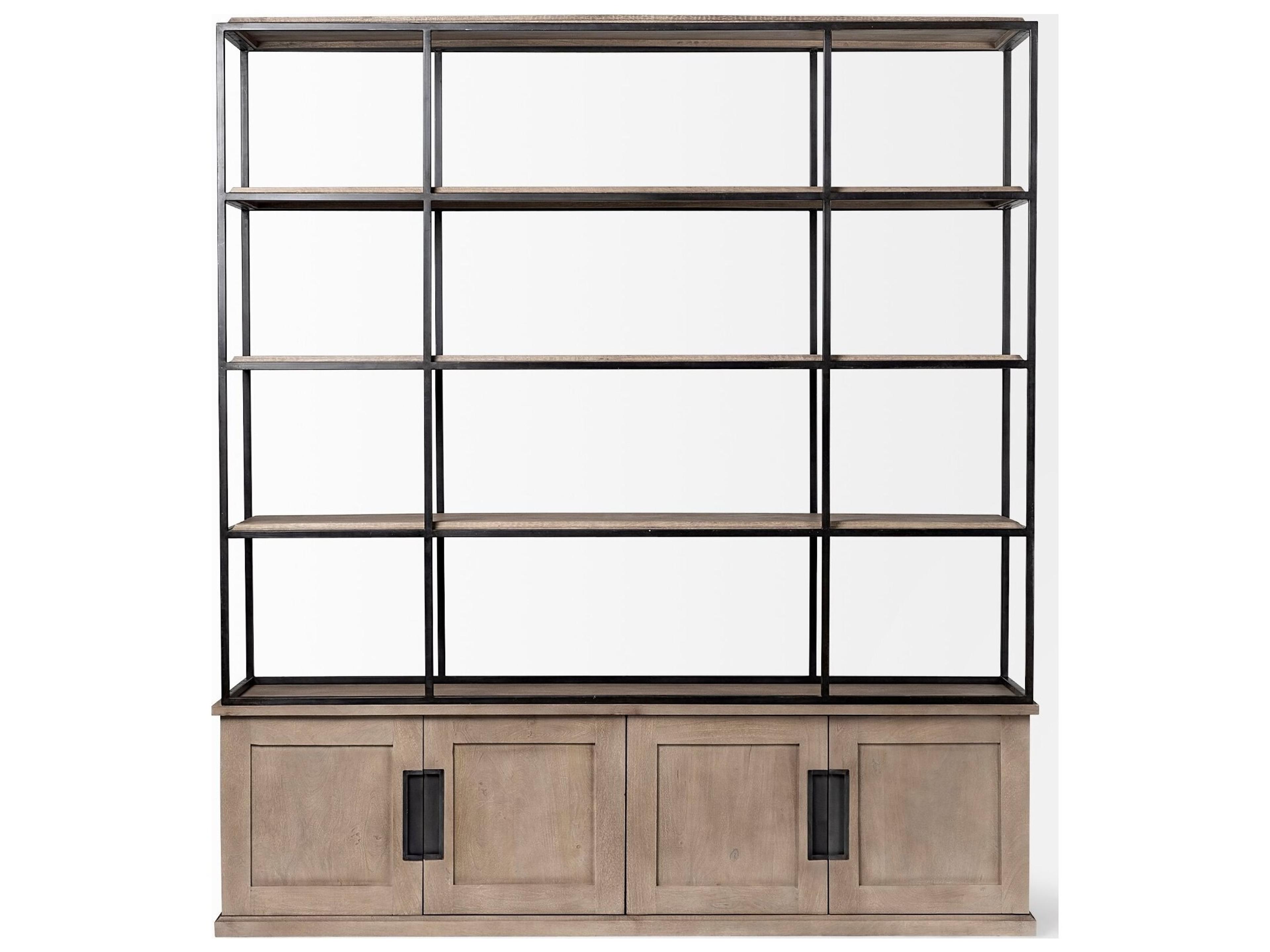 Mercana Braxton I Light Brown Wood and Iron Three Shelf Shelving Unit 81.5L x 18.5W x 90