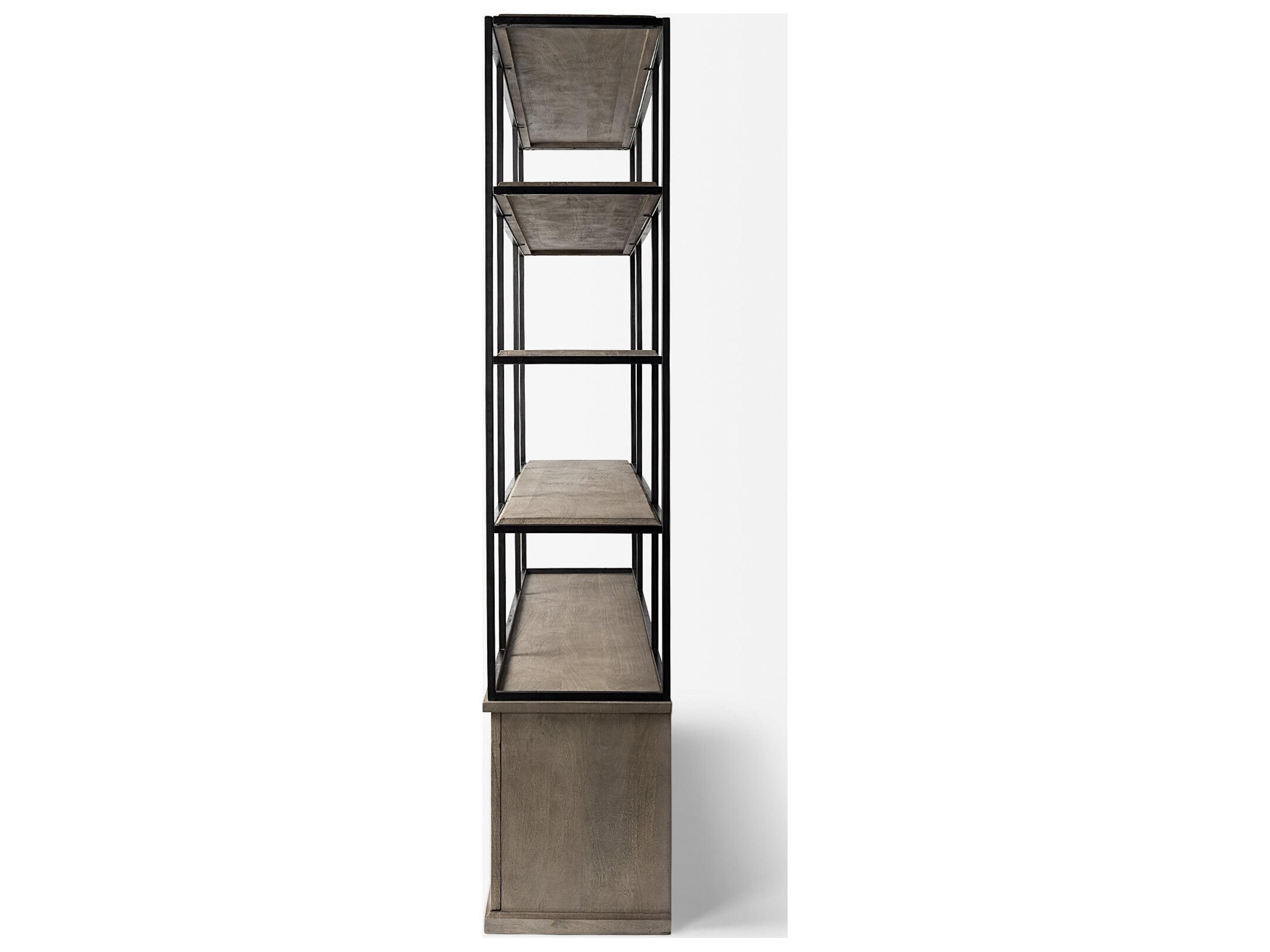 Mercana Braxton I Light Brown Wood and Iron Three Shelf Shelving Unit 81.5L x 18.5W x 90