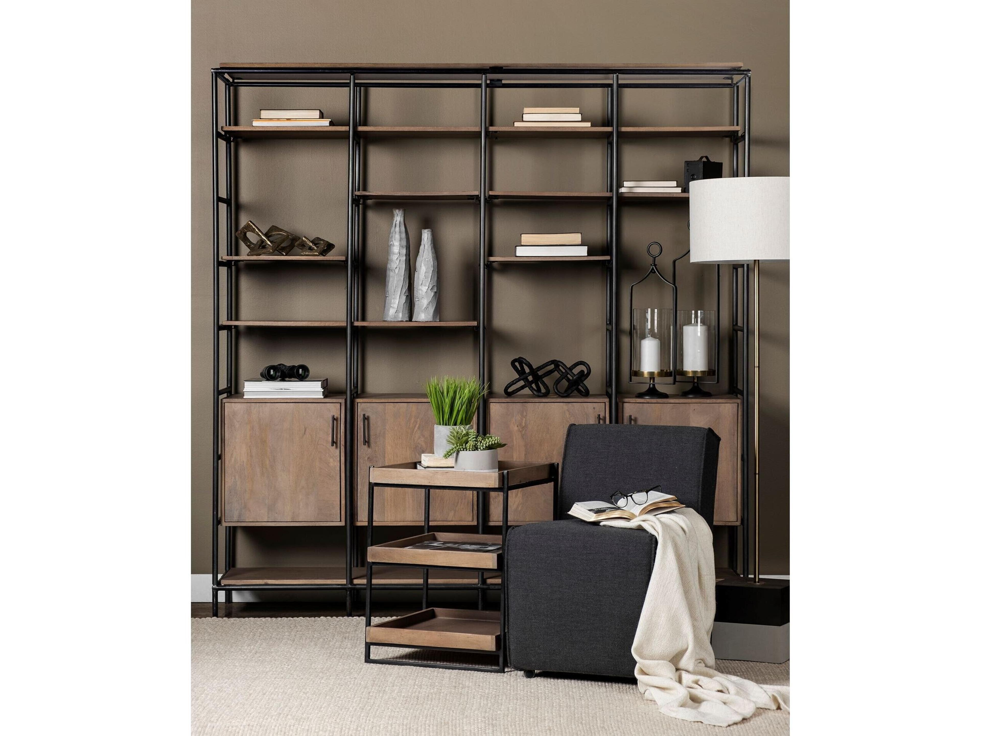 Mercana Darius 82L x 16.5W x 90H Medium Brown Wood and Metal Multi-Shelf Shelving Unit