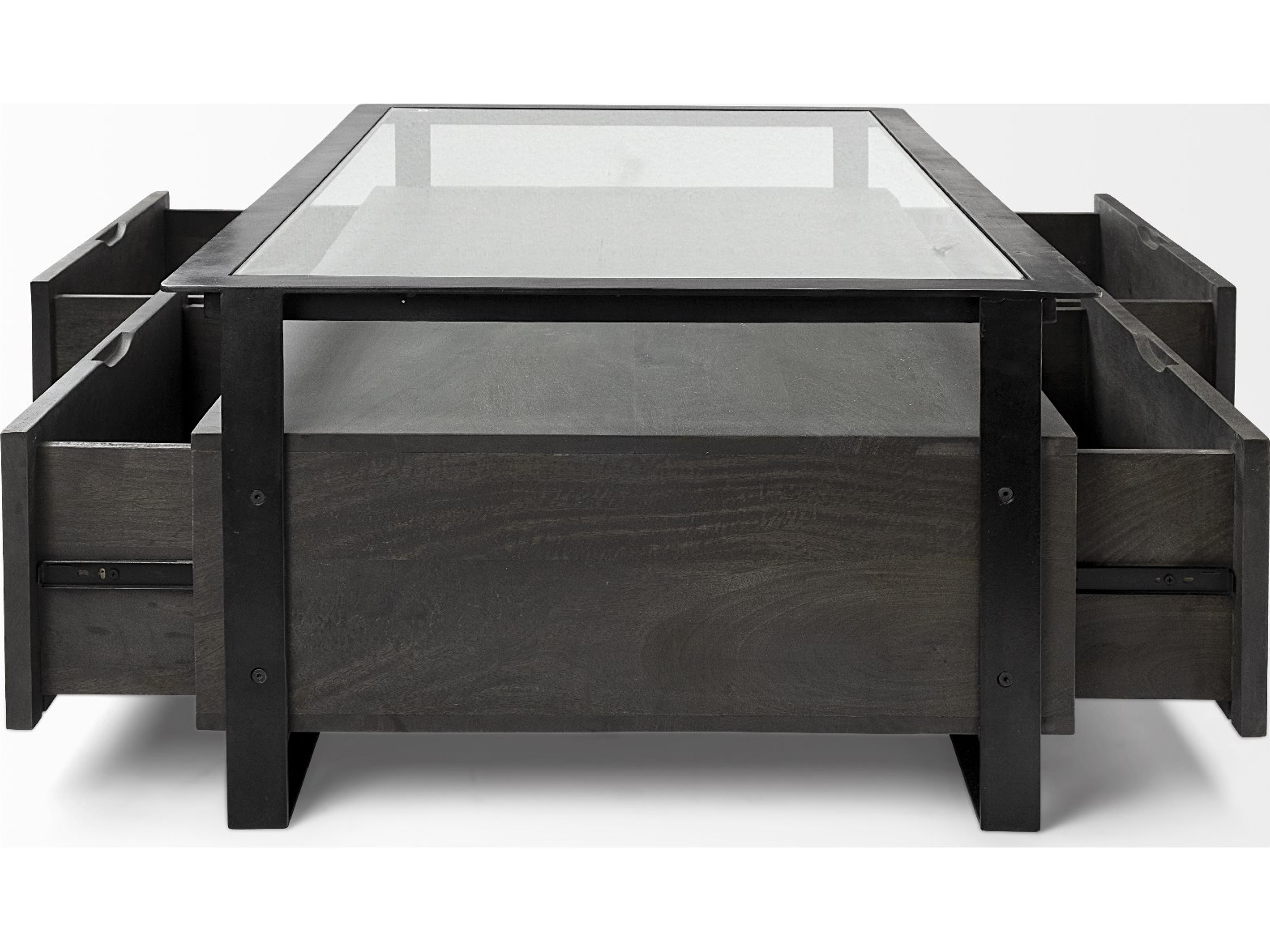 Mercana Vidro 54x30 Rectangular Glass Top Black Solid Wood Drawers & Black Frame Coffee Table
