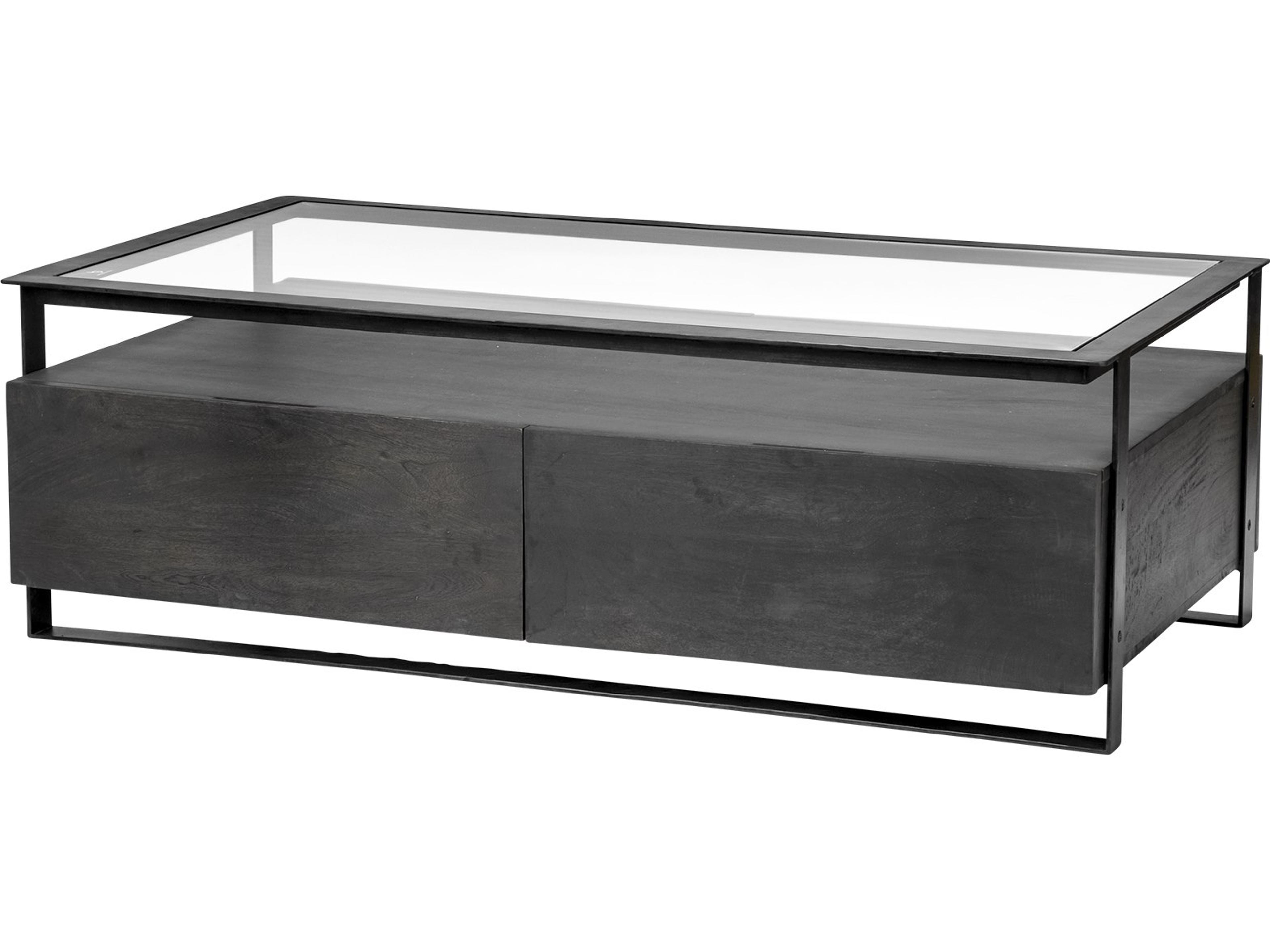 Mercana Vidro 54x30 Rectangular Glass Top Black Solid Wood Drawers & Black Frame Coffee Table