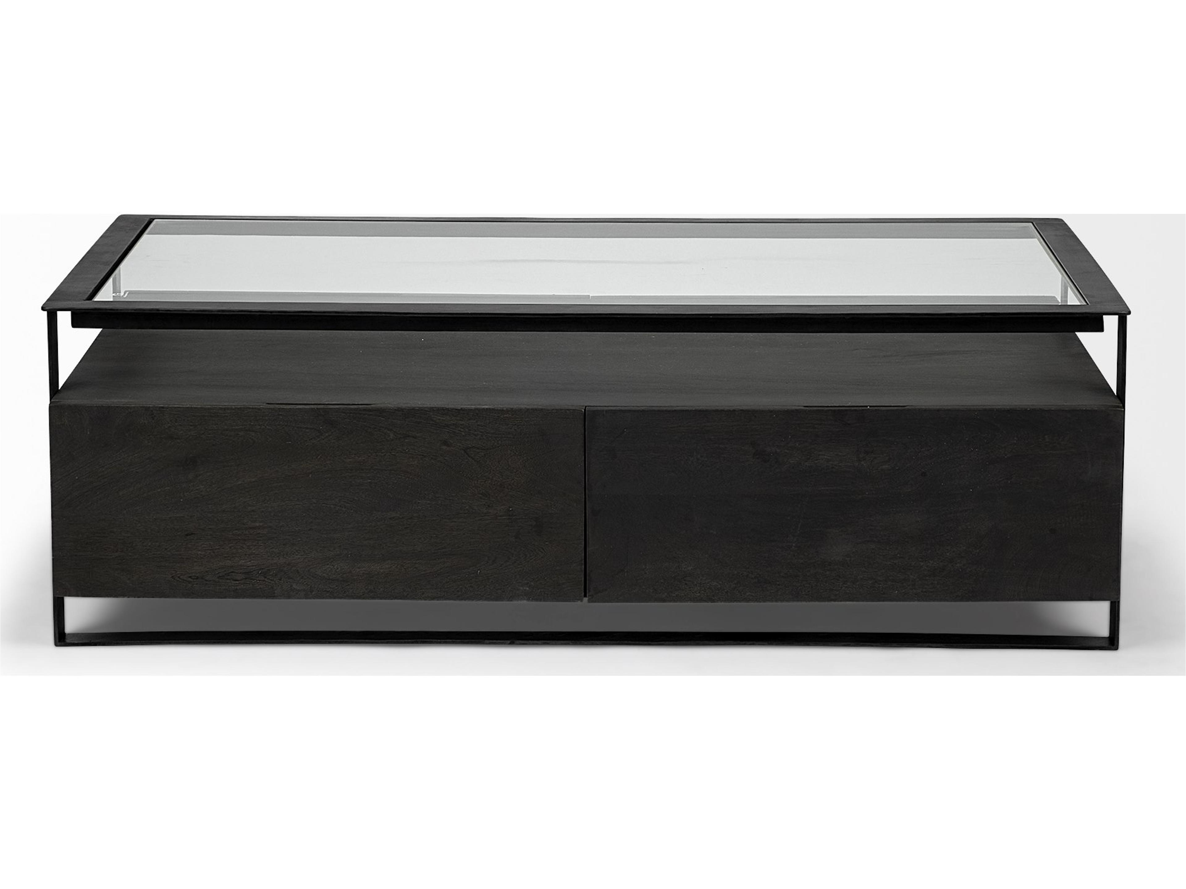 Mercana Vidro 54x30 Rectangular Glass Top Black Solid Wood Drawers & Black Frame Coffee Table