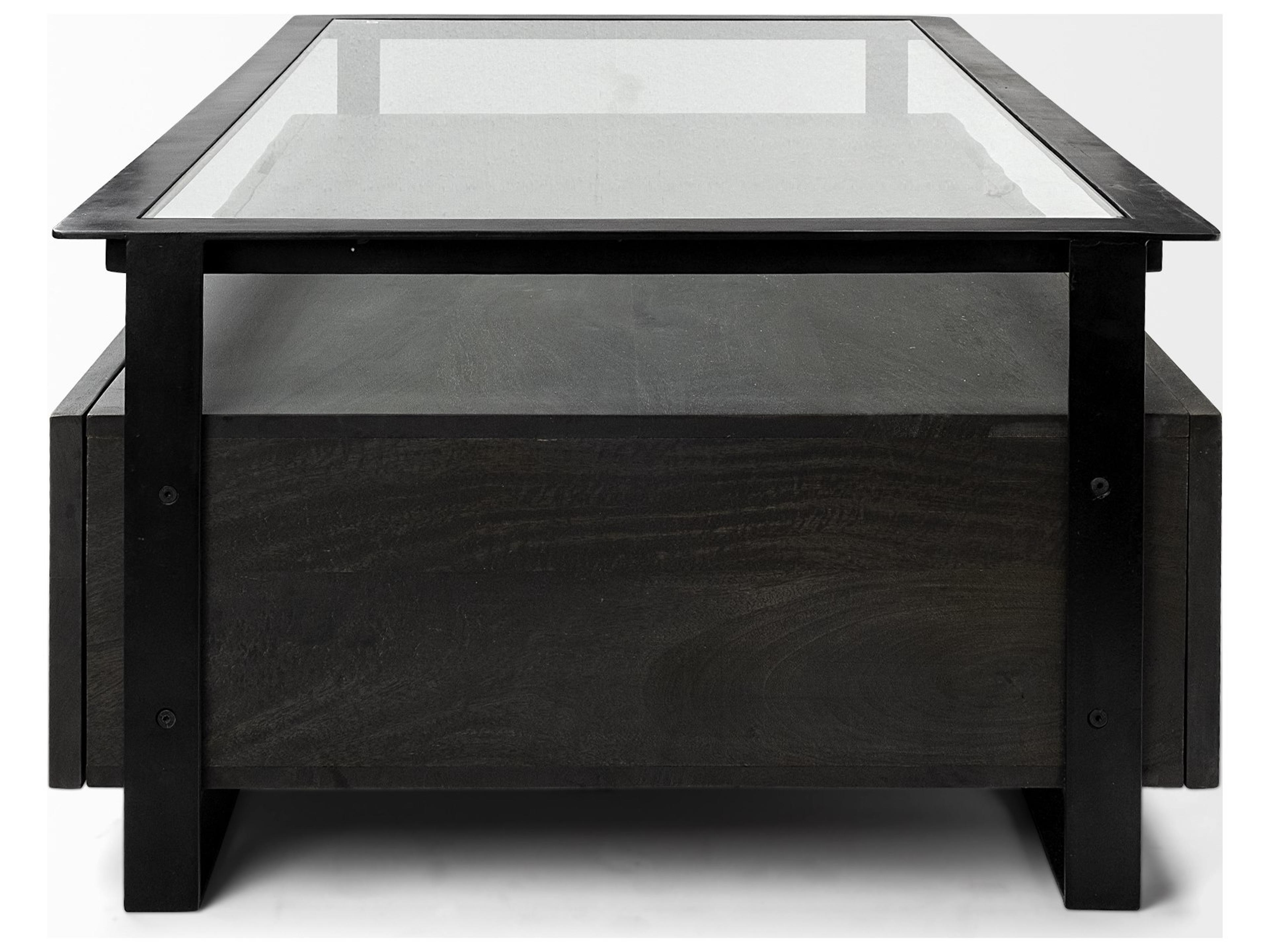 Mercana Vidro 54x30 Rectangular Glass Top Black Solid Wood Drawers & Black Frame Coffee Table