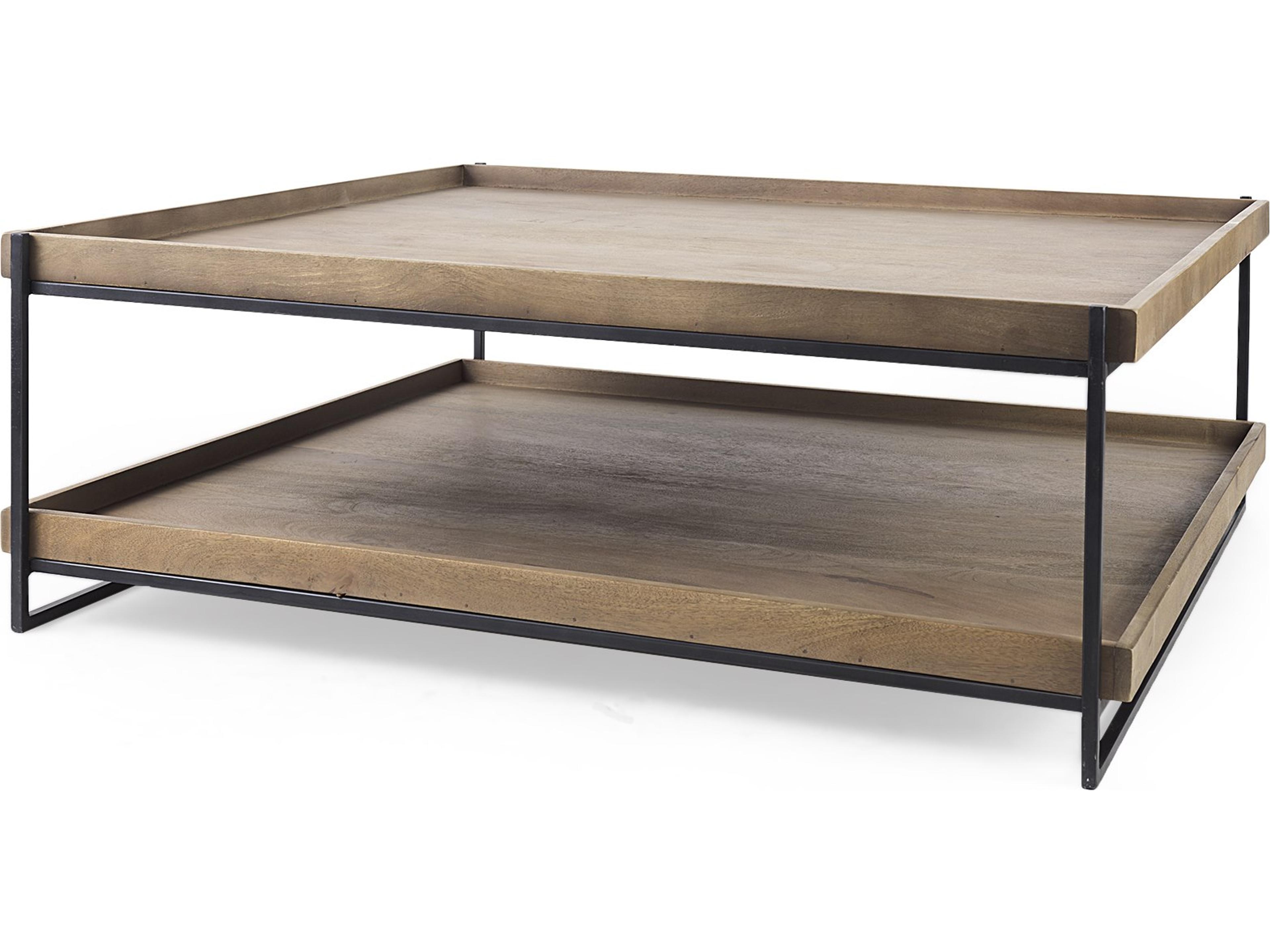Trey 48x46 Rectangular Brown Solid Wood Top Table Black Metal Frame Two-Tier Coffee Table