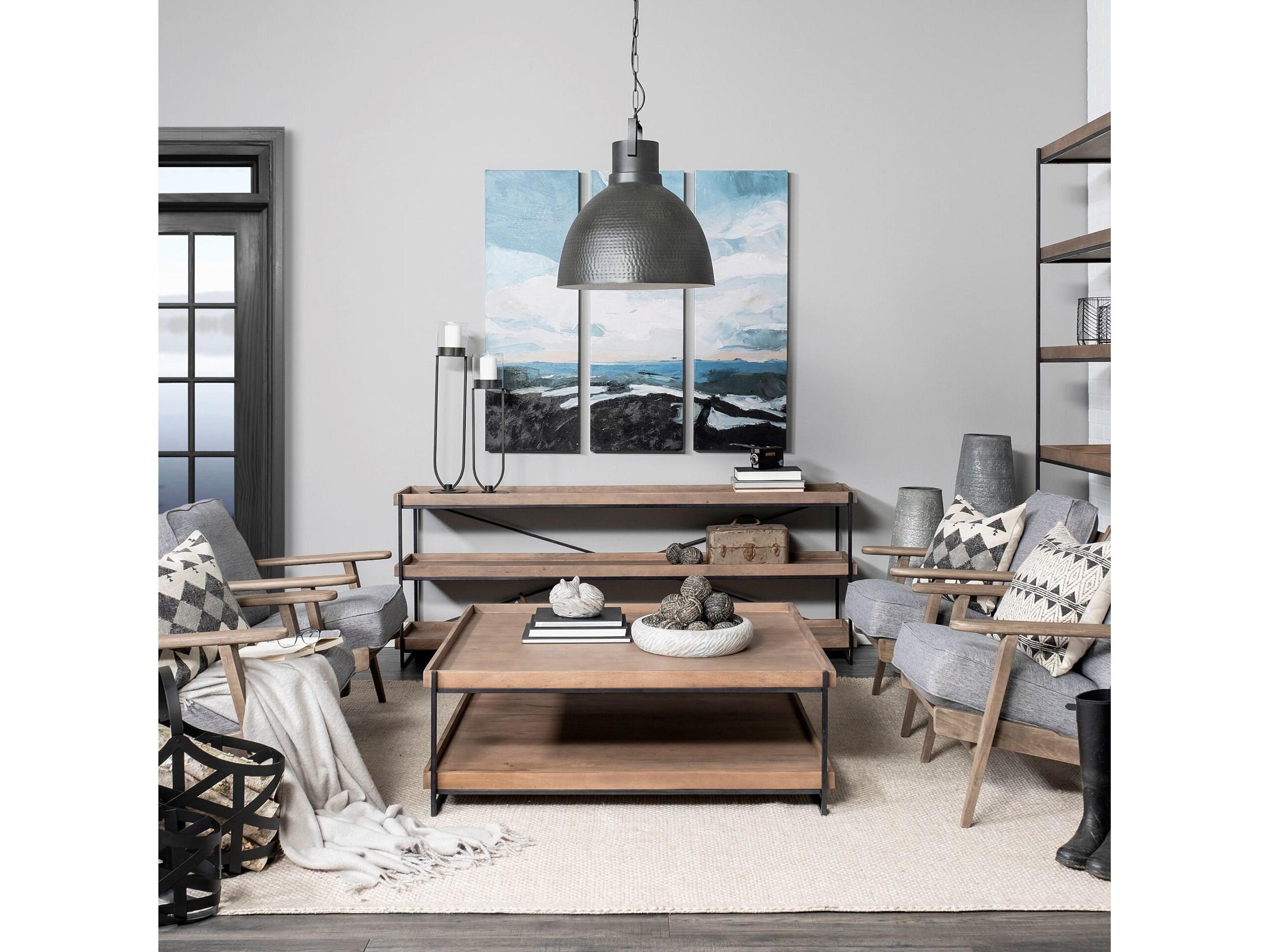 Mercana Trey 48x46 Rectangular Brown Solid Wood Top Table Black Metal Frame Two-Tier Coffee Table