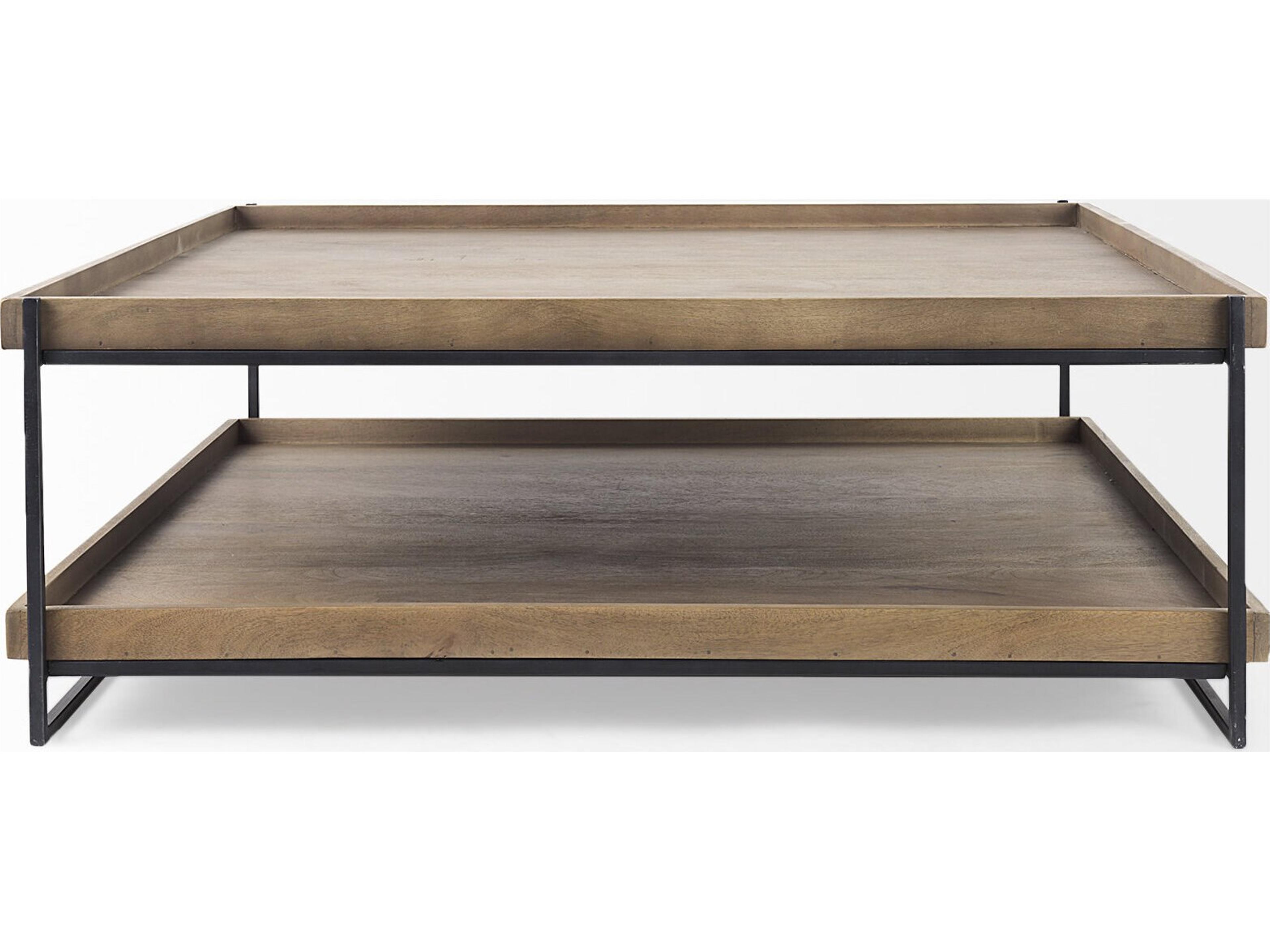 Mercana Trey 48x46 Rectangular Brown Solid Wood Top Table Black Metal Frame Two-Tier Coffee Table