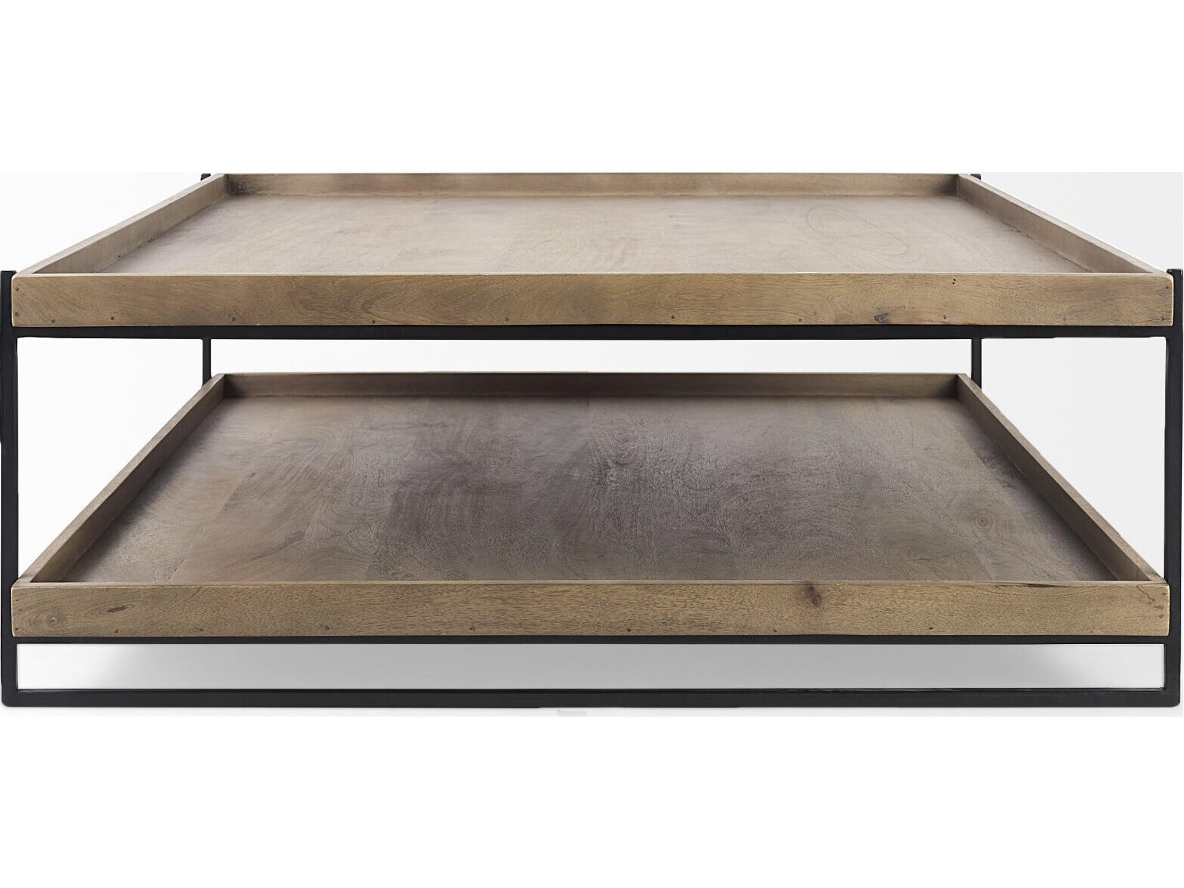Mercana Trey 48x46 Rectangular Brown Solid Wood Top Table Black Metal Frame Two-Tier Coffee Table