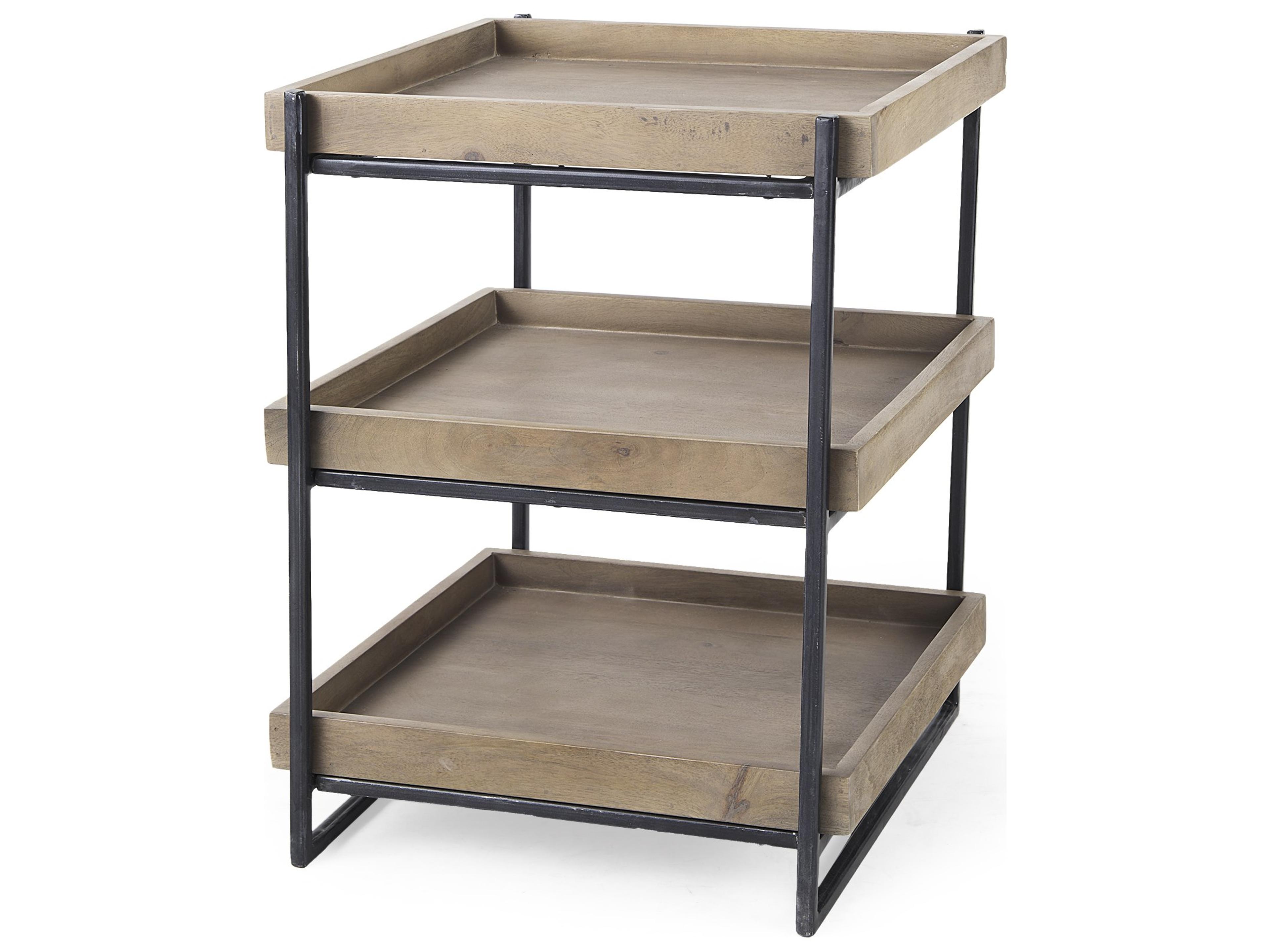 Trey III 20" x 26" Square Medium Brown Wooden Three-Tiered Black Iron Frame End/Side Table