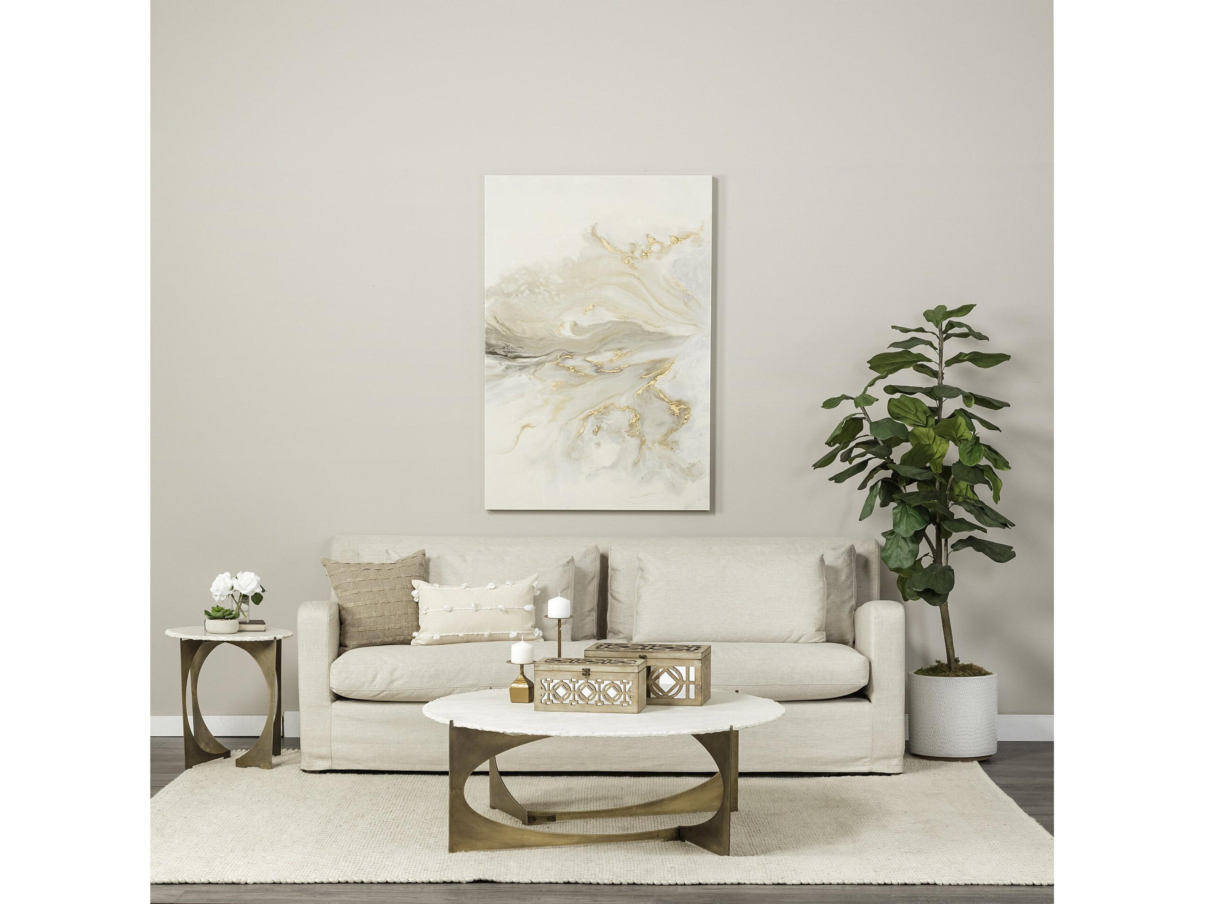 Mercana Reinhold 49" Round White Marble Top Gold Metal Base Coffee Table