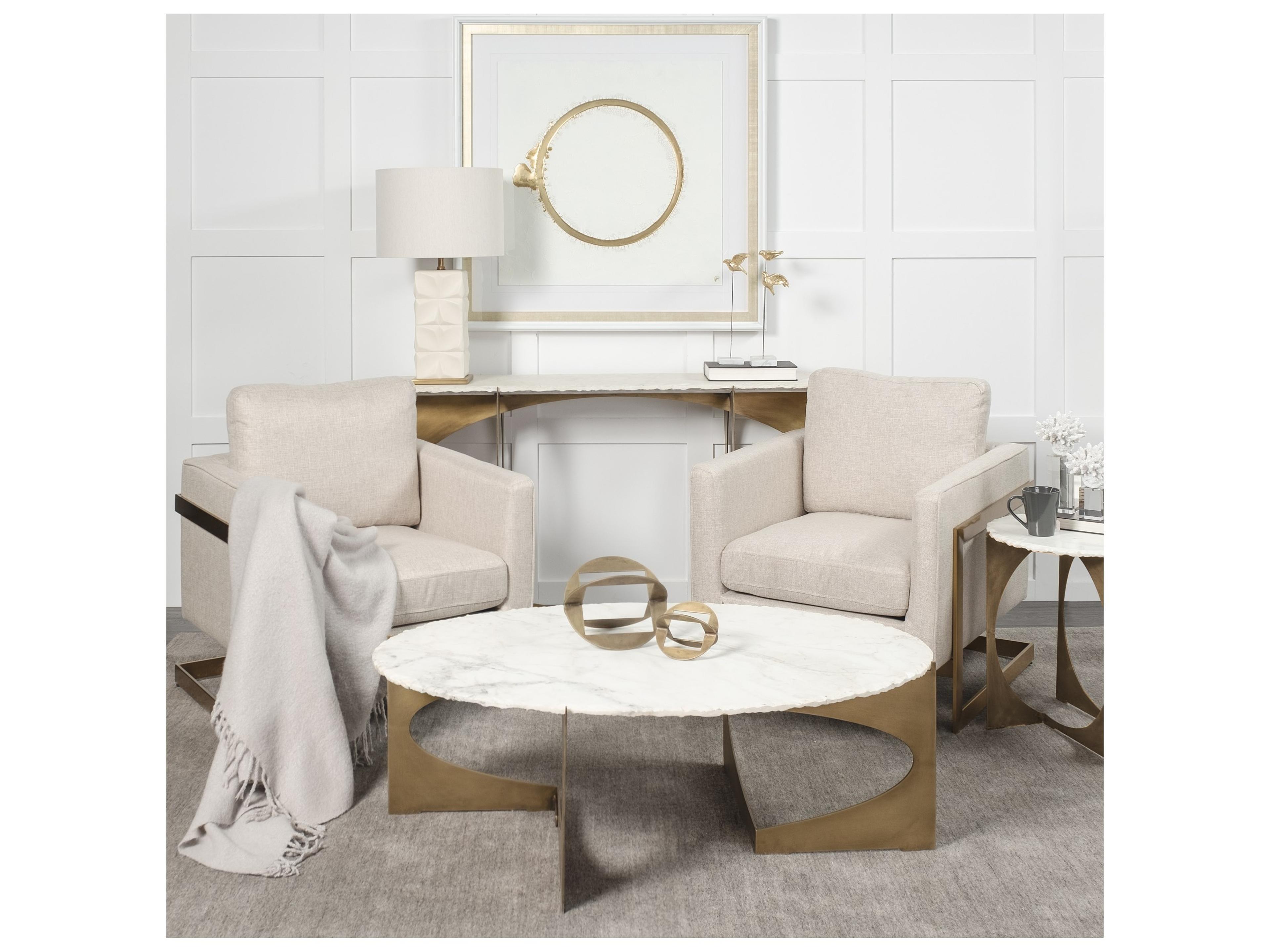 Mercana Reinhold 49" Round White Marble Top Gold Metal Base Coffee Table