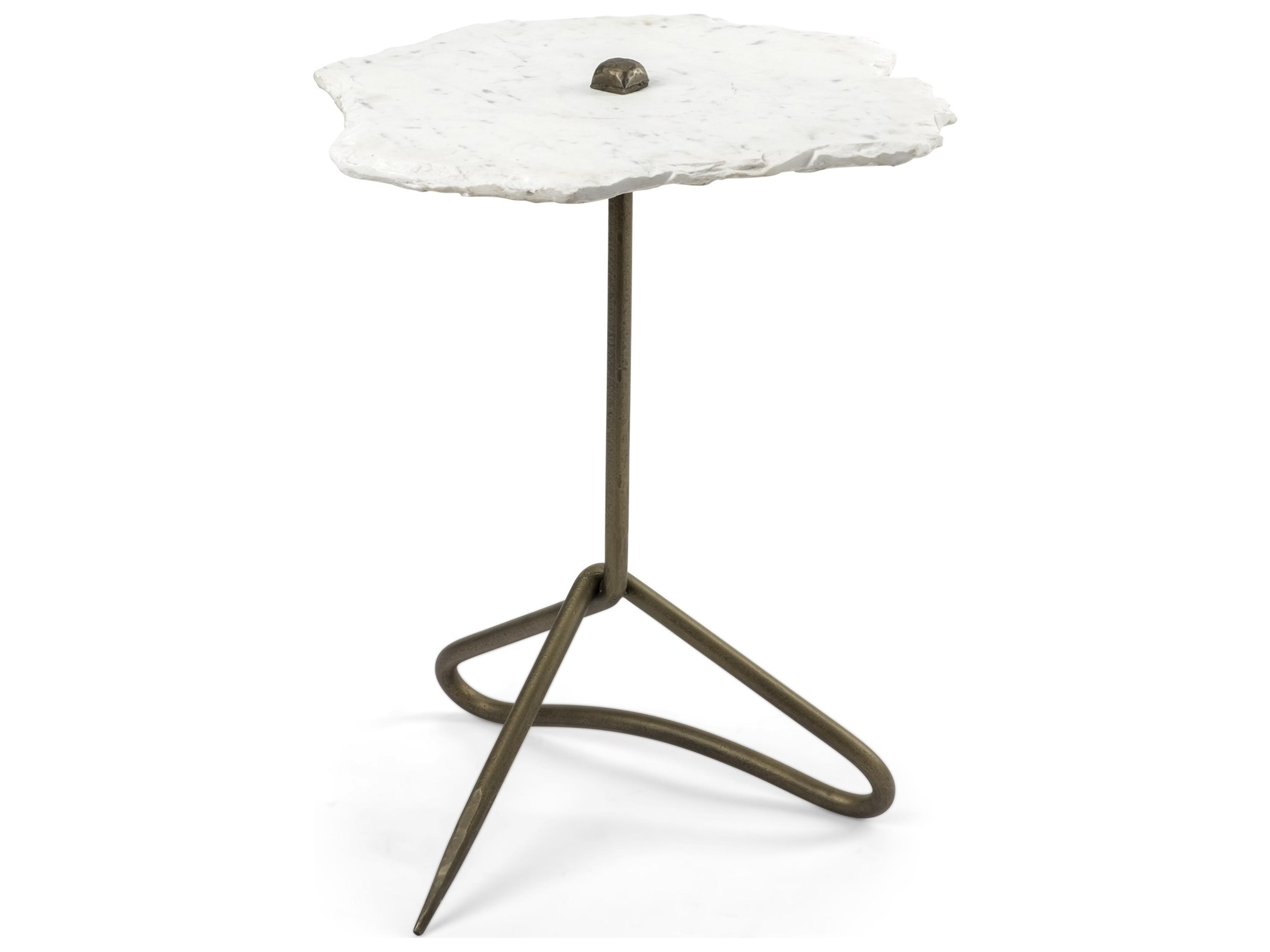 Pinera II 19L x 19W White Marble W/ Triangluar Gold Iron Base Accent Table