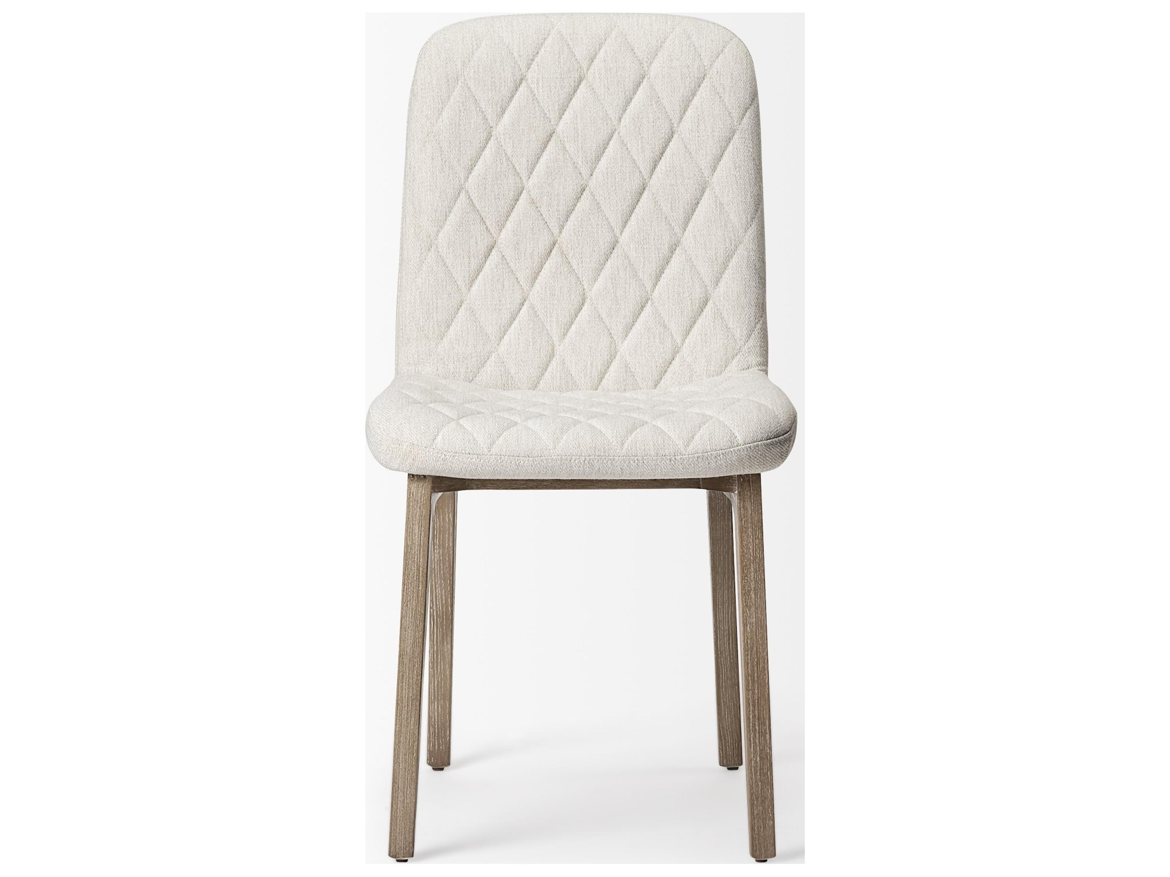 Mercana David Diamond Tuffed Cream Fabric Wrap Brown Wood Base Dining Chair