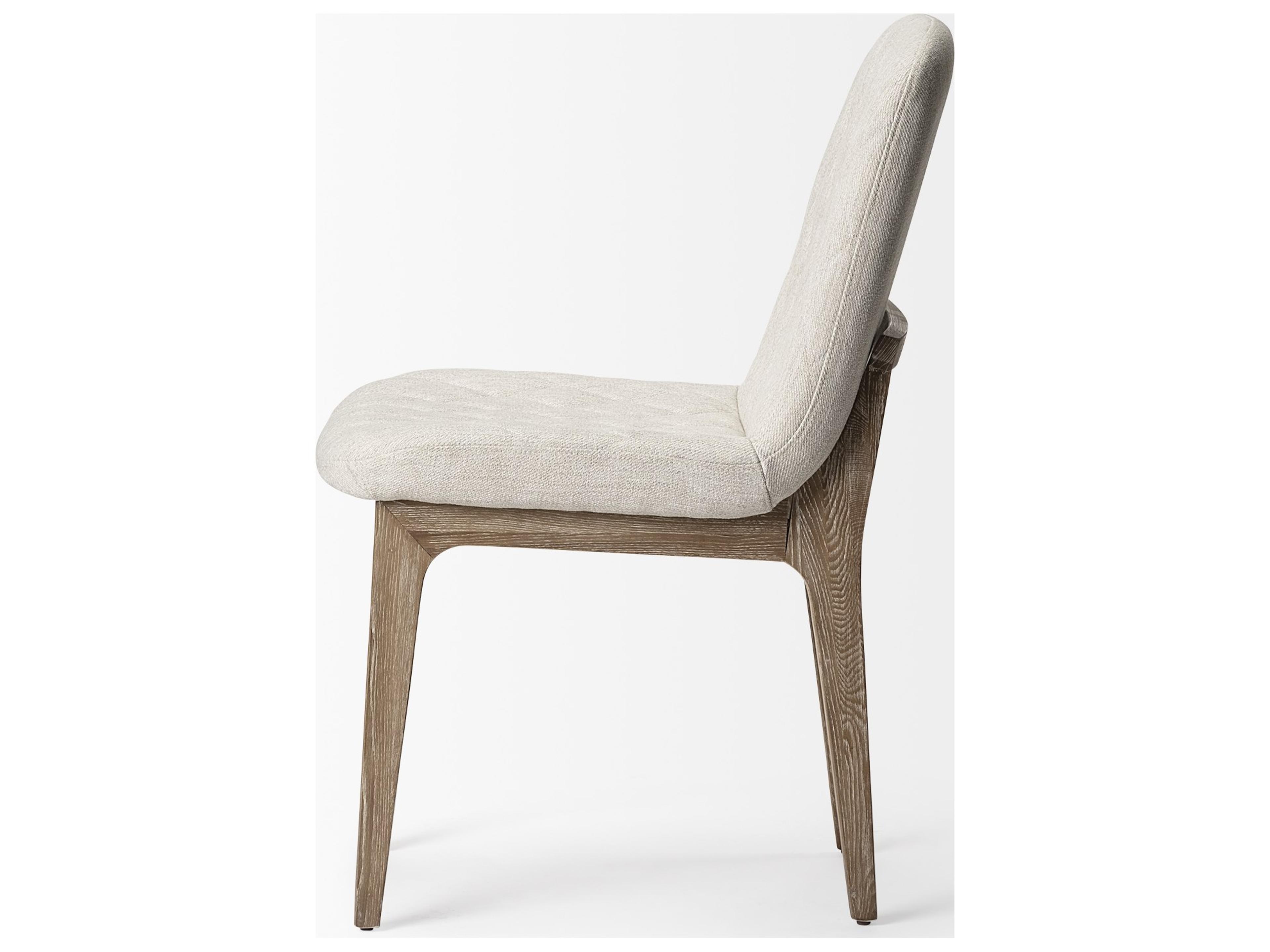 Mercana David Diamond Tuffed Cream Fabric Wrap Brown Wood Base Dining Chair